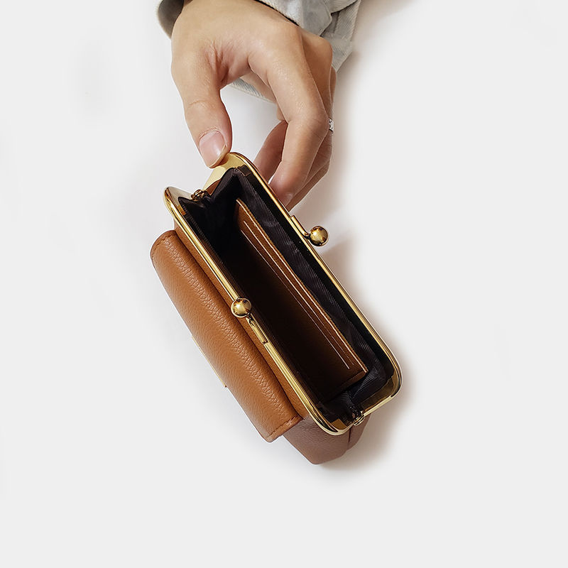 V888-ELOSUNG32818-202507041021-01 Brown Vintage Style Women's Kiss Lock Coin Purse - Compact PU Leather Wallet with Card Holder - Image 2