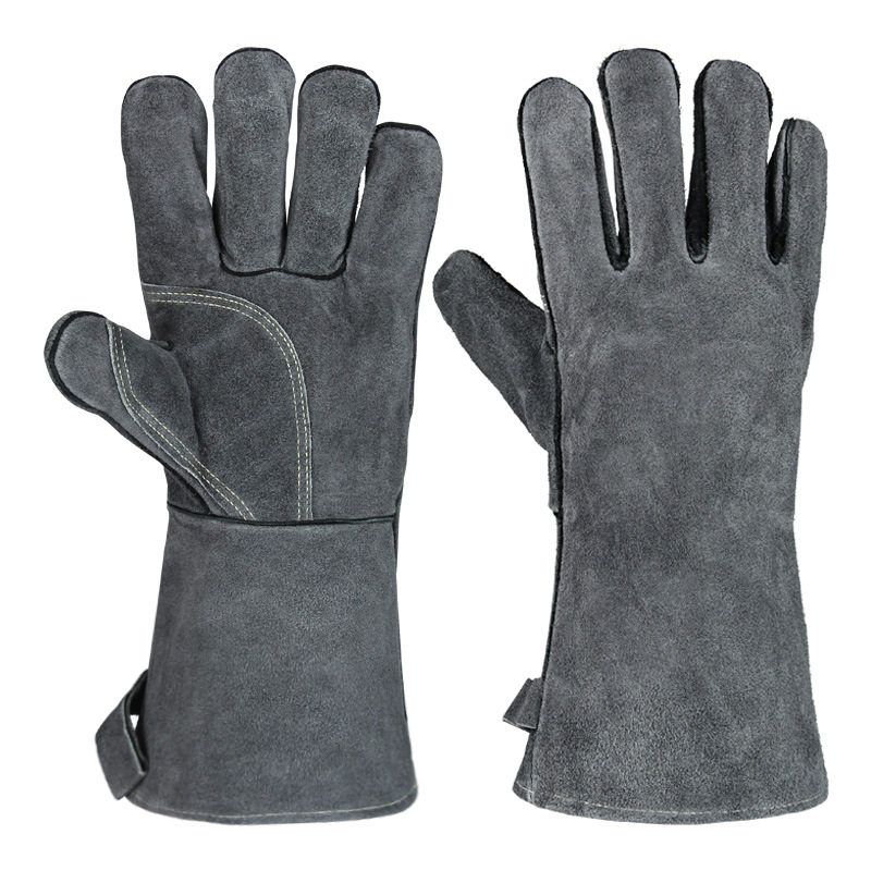 V888-ELOSUNG33339-202506191131-00 Grey 14-Inch Premium Leather BBQ Gloves - Heat-Resistant Up to 500 Degree - Image 1