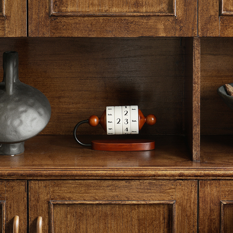 V888-ELOSUNG33364-202506191240-01 Brown Vintage Wooden Rotating Perpetual Calendar - Manual Roller Desk Decor, Timeless Date & Day Display for Home & Office - Image 2