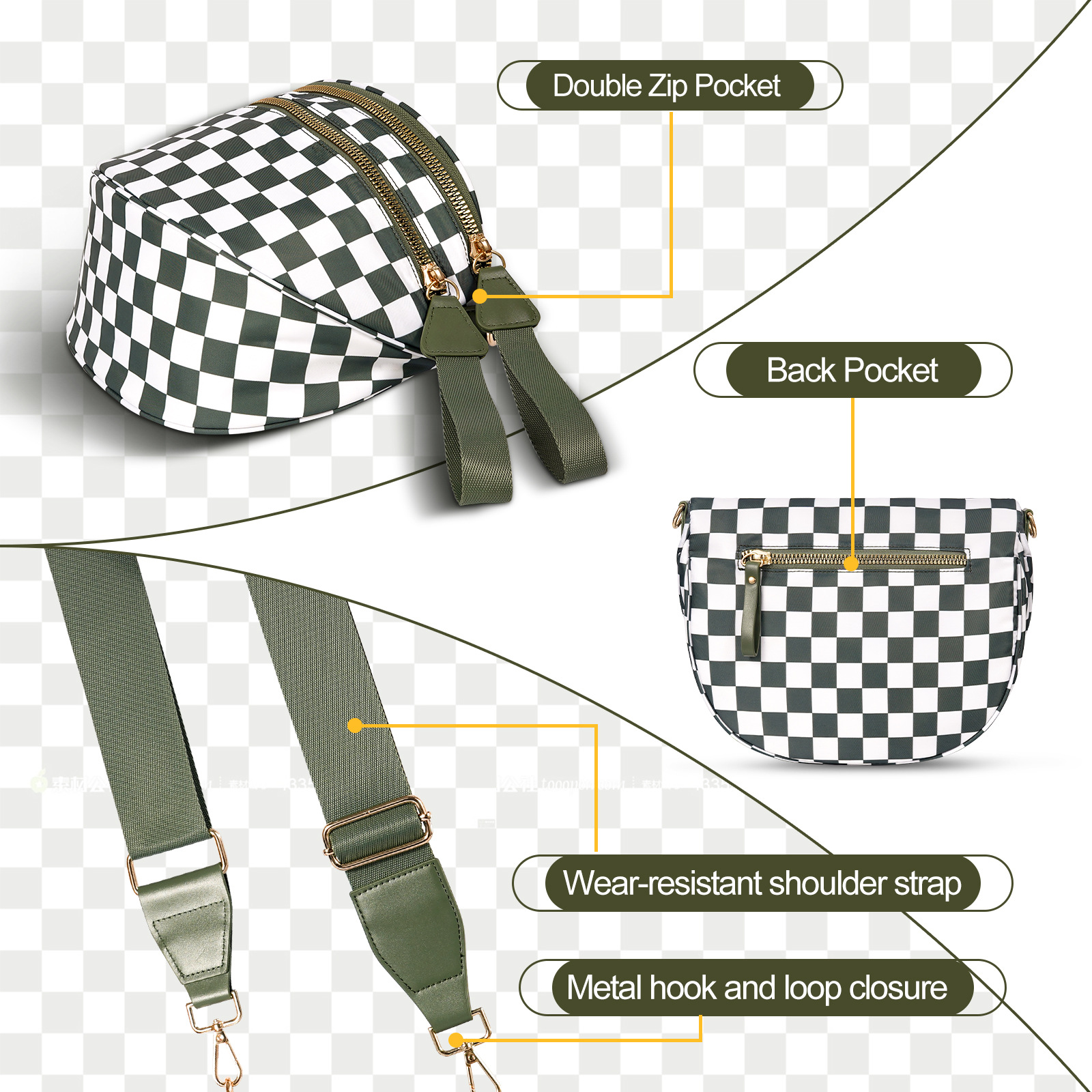 V888-ELOSUNG33367-202506191243-02 Beige Checkered Trendy Sling Bag - Women's Crescent Crossbody Purse with Wide Adjustable Strap - Image 3