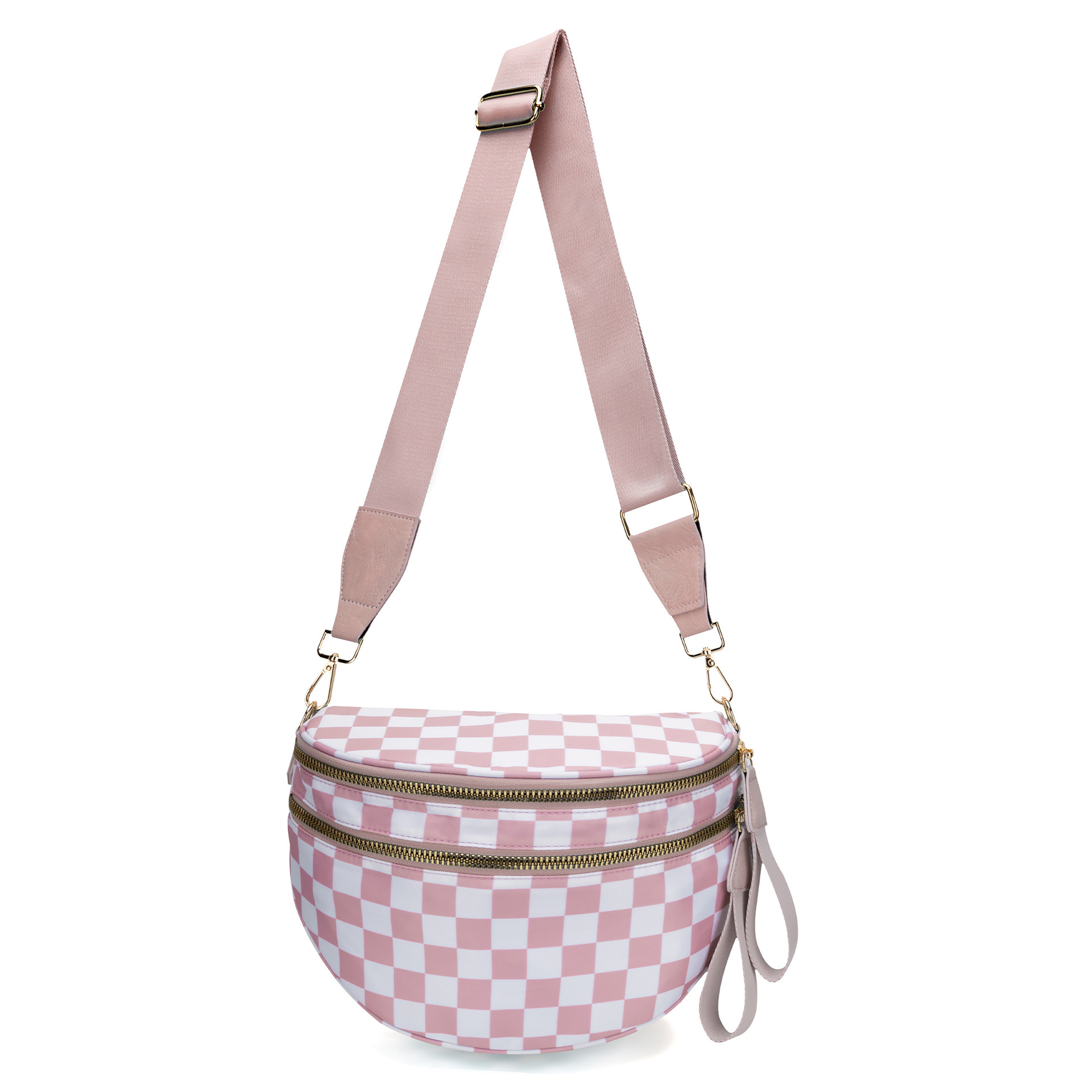 V888-ELOSUNG33369-202506191245-00 Pink Checkered Trendy Sling Bag - Women's Crescent Crossbody Purse with Wide Adjustable Strap - Image 1