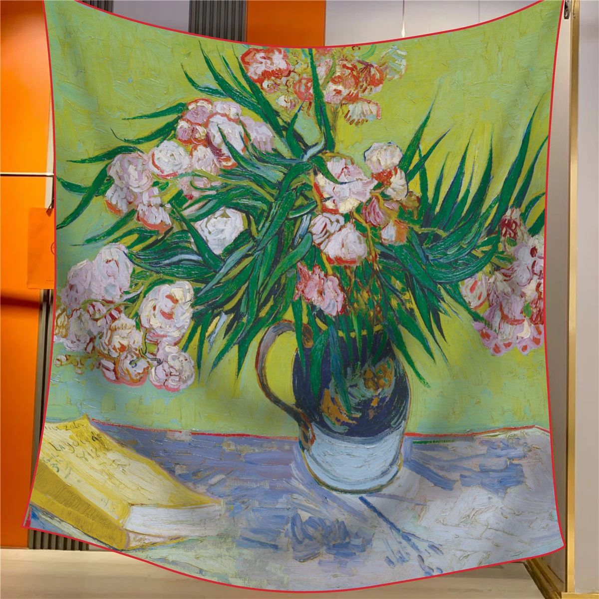 V888-ELOSUNG33391-202506191238-00 Oleander Elegant Artistry Shawl - Large 130cm Square Scarf with Oil Painting Print & Hand-Rolled Hem - Image 1