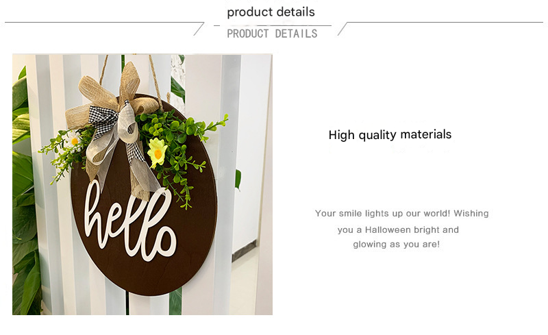 V888-ELOSUNG34143-202506190626-01 Brown Rustic 'Hello' Welcome Sign - Farmhouse Round Wooden Wreath for Front Door Decor - Image 2