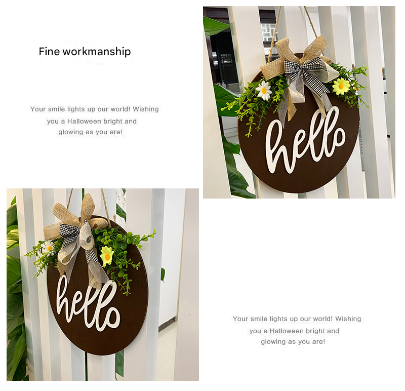 V888-ELOSUNG34143-202506190626-02 Brown Rustic 'Hello' Welcome Sign - Farmhouse Round Wooden Wreath for Front Door Decor - Image 3