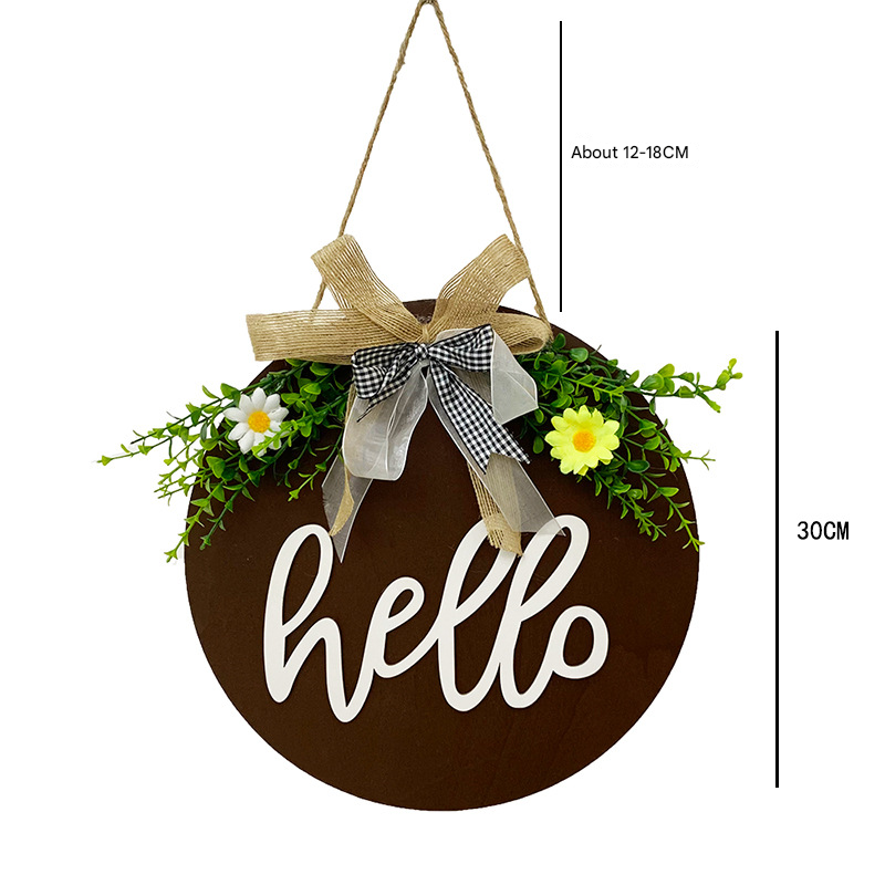V888-ELOSUNG34143-202506190626-03 Brown Rustic 'Hello' Welcome Sign - Farmhouse Round Wooden Wreath for Front Door Decor - Image 4