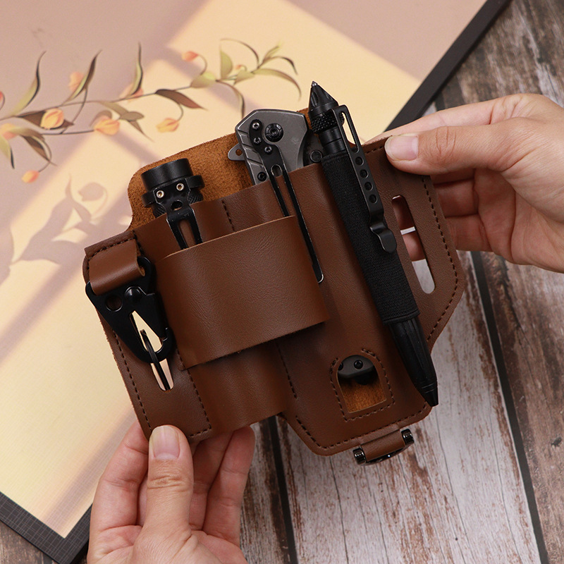 V888-ELOSUNG34237-202506241123-01 2-piece Brown Outdoor EDC Tactical Tool Waist Bag - Multi-Functional Belt Storage Pouch with Flashlight, Copper Sleeve, and Survival Knife Holder - Image 2