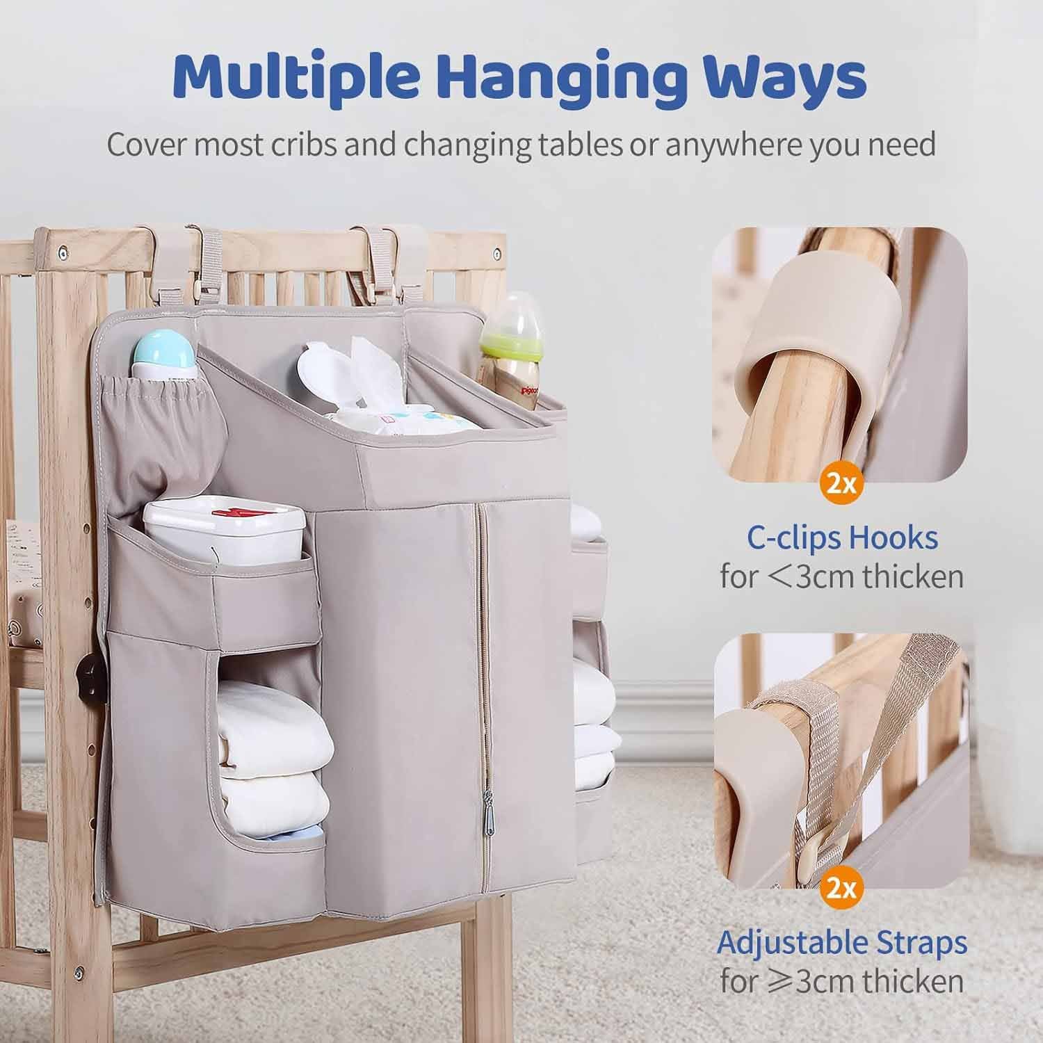V888-ELOSUNG34276-202506250940-02 Beige Foldable Baby Crib Storage Hanging Bag - Large Capacity Organizer for Cribs and Changing Tables - Image 3