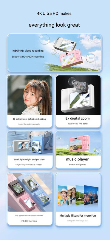 V888-ELOSUNG35516-202507021031-01 48MP Digital Camera for Kids & Beginners - 1080P Vlogging, 8x Zoom, Filters & Games(black) - Image 2