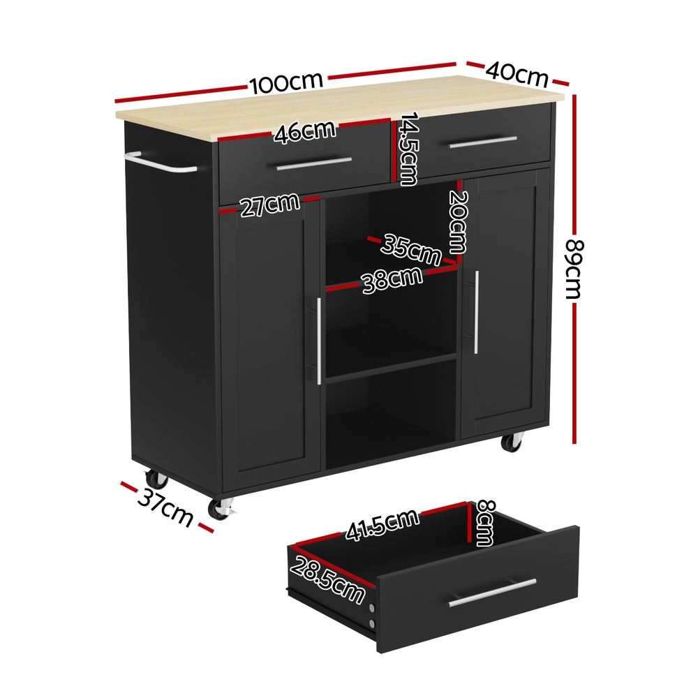 FUR-S-KI-100-BK-AB-202508061850-02 Artiss Kitchen Island Trolley Rolling Serving Cart Storage Drawer Cabinet 100cm Black - Image 3