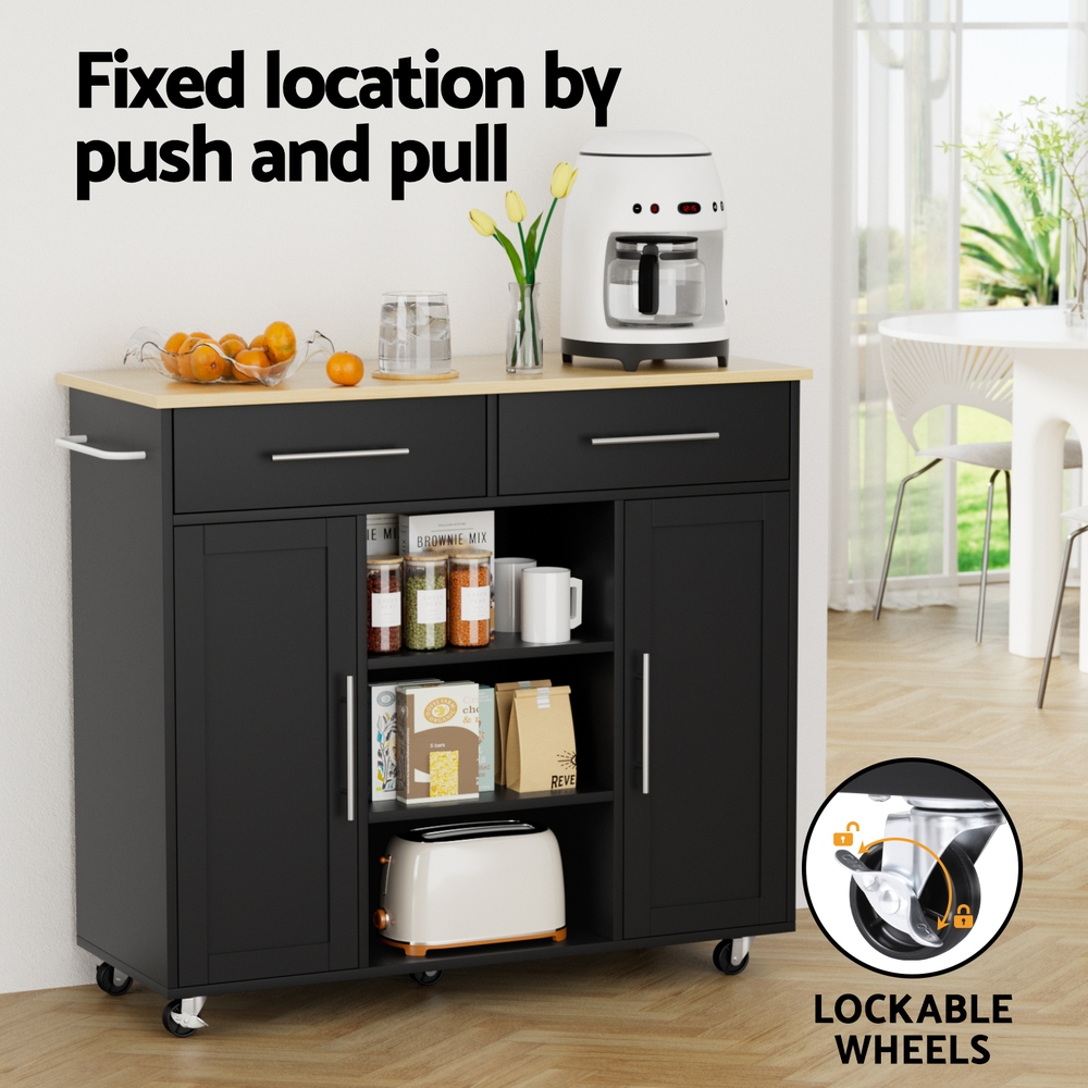 FUR-S-KI-100-BK-AB-202508061850-04 Artiss Kitchen Island Trolley Rolling Serving Cart Storage Drawer Cabinet 100cm Black - Image 5