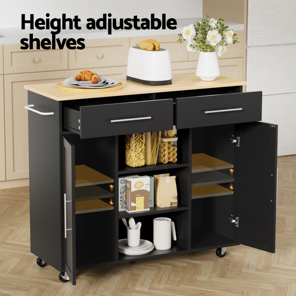FUR-S-KI-100-BK-AB-202508061850-05 Artiss Kitchen Island Trolley Rolling Serving Cart Storage Drawer Cabinet 100cm Black - Image 6
