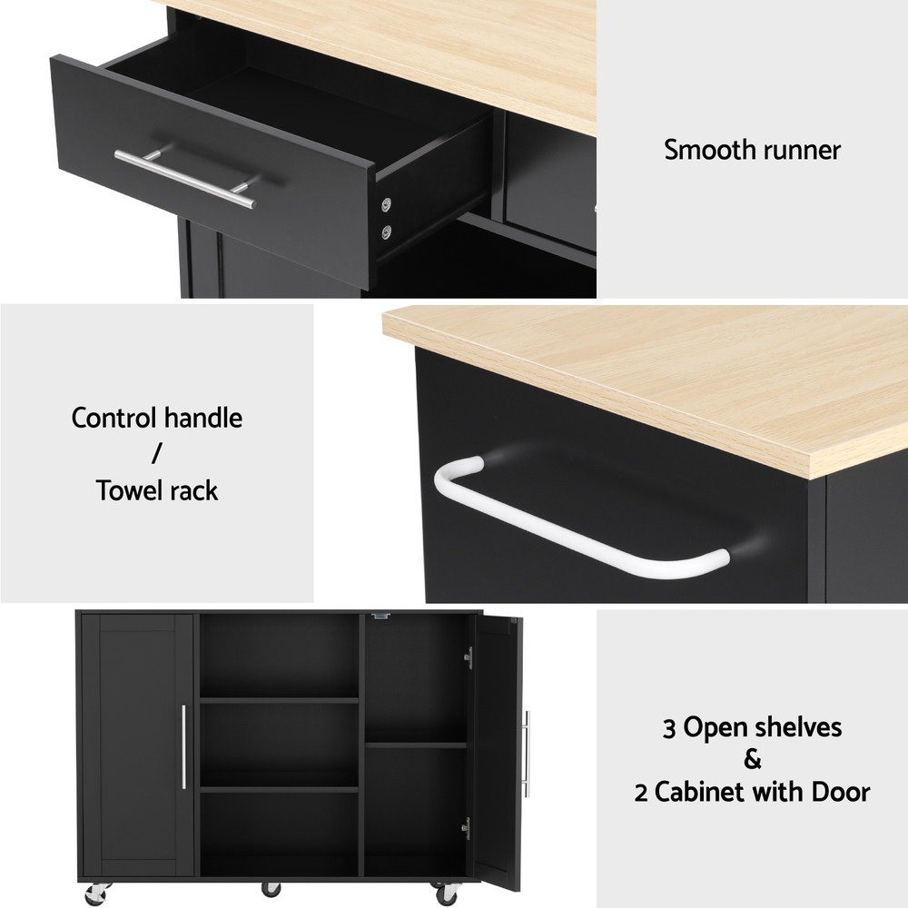 FUR-S-KI-100-BK-AB-202508061850-06 Artiss Kitchen Island Trolley Rolling Serving Cart Storage Drawer Cabinet 100cm Black - Image 7