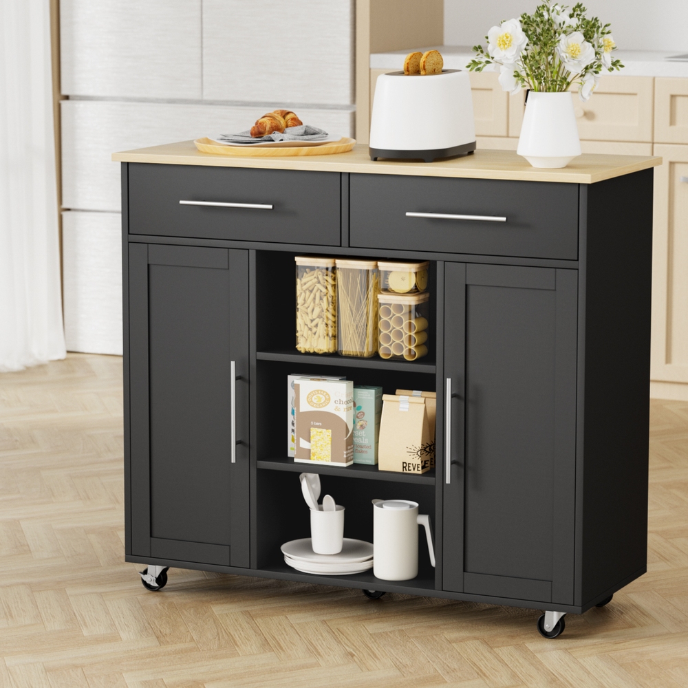 FUR-S-KI-100-BK-AB-202508061850-07 Artiss Kitchen Island Trolley Rolling Serving Cart Storage Drawer Cabinet 100cm Black - Image 8