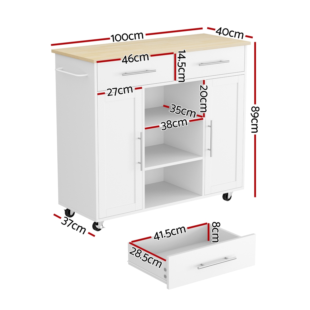 FUR-S-KI-100-WH-AB-202508061852-02 Artiss Kitchen Island Trolley Rolling Serving Cart Storage Drawer Cabinet 100cm White - Image 3