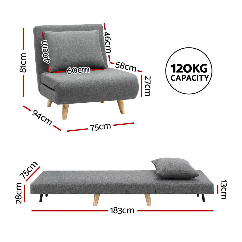 SBED-E-FLD01-1S-GY-202507101420-01 Artiss Sofa Bed Convertible Couch Recliner Lounge Chair Linen Grey - Image 2