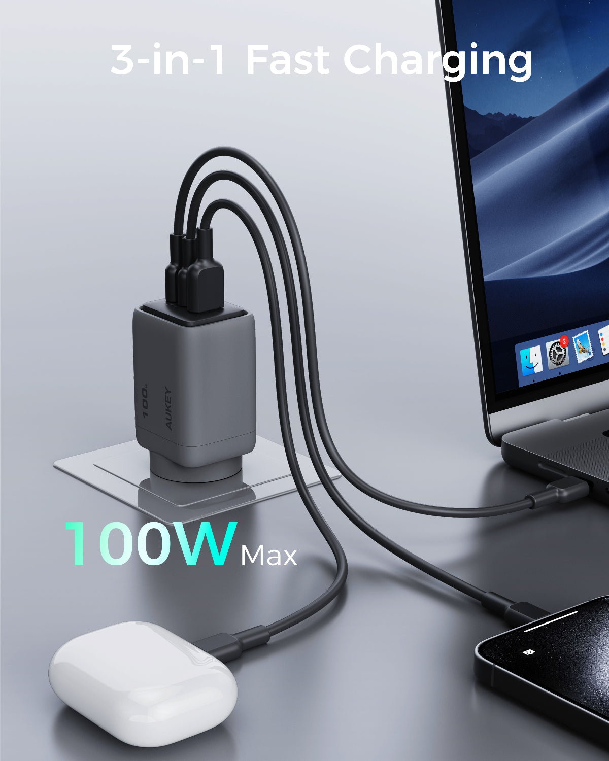 V1089-LLYSAUN1064060-202509030925-01 Aukey Comet 100W PD Fast Wall Charger GaN USB-C with 100W 1.8m USB-C to C Cable (PA-C5) - Image 2