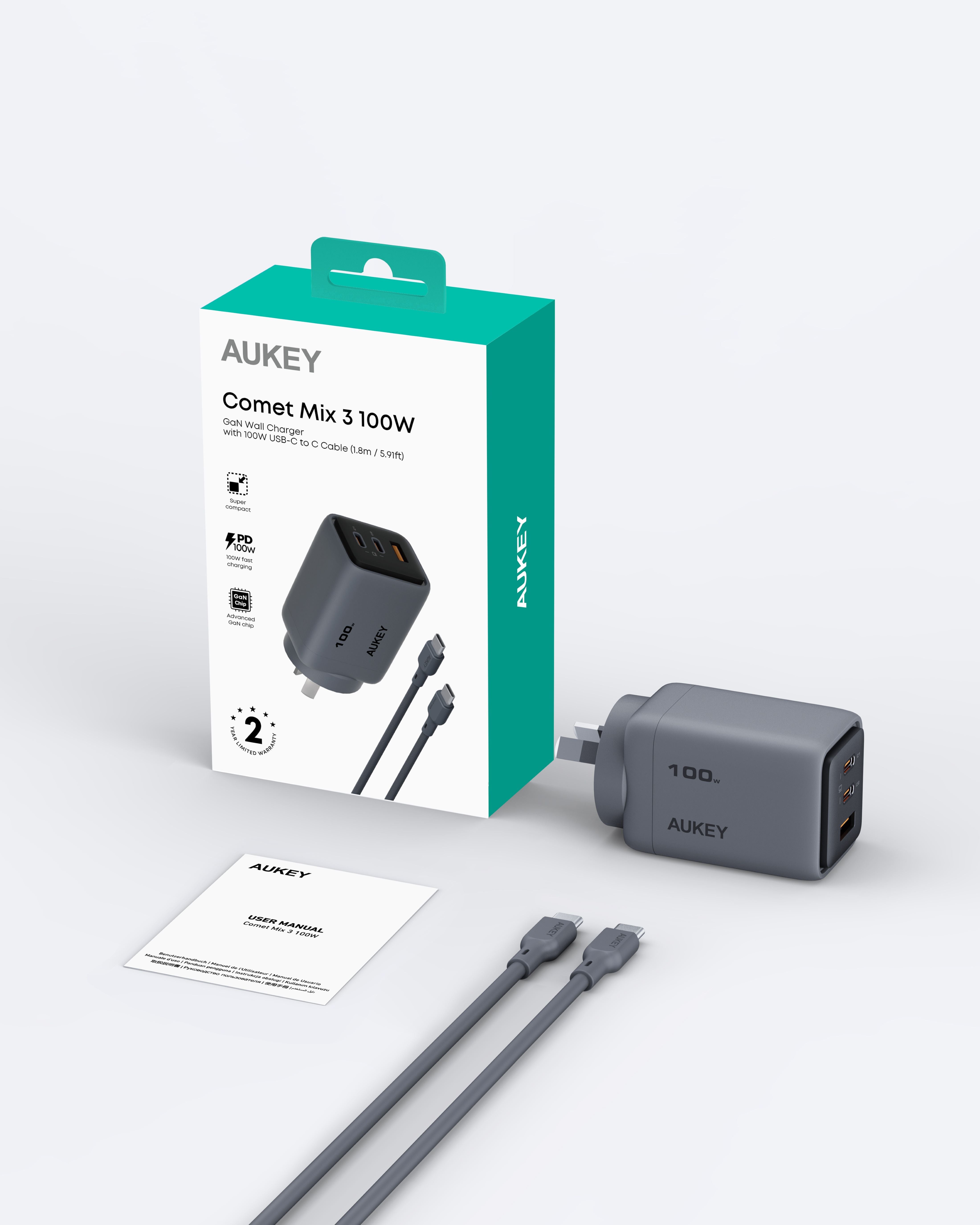 V1089-LLYSAUN1064060-202509030925-07 Aukey Comet 100W PD Fast Wall Charger GaN USB-C with 100W 1.8m USB-C to C Cable (PA-C5) - Image 8