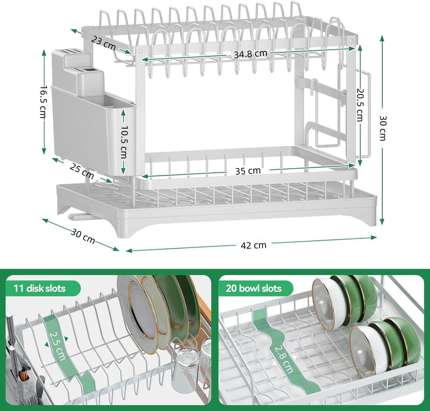 V178-36160-202507301355-01 CARLA HOME 2-Tier Dish Drying Rack with Drainage Tray, Utensil Holder, Cup Hooks & Cutting Board Slot for Countertop Kitchen Storage (White) - Image 2