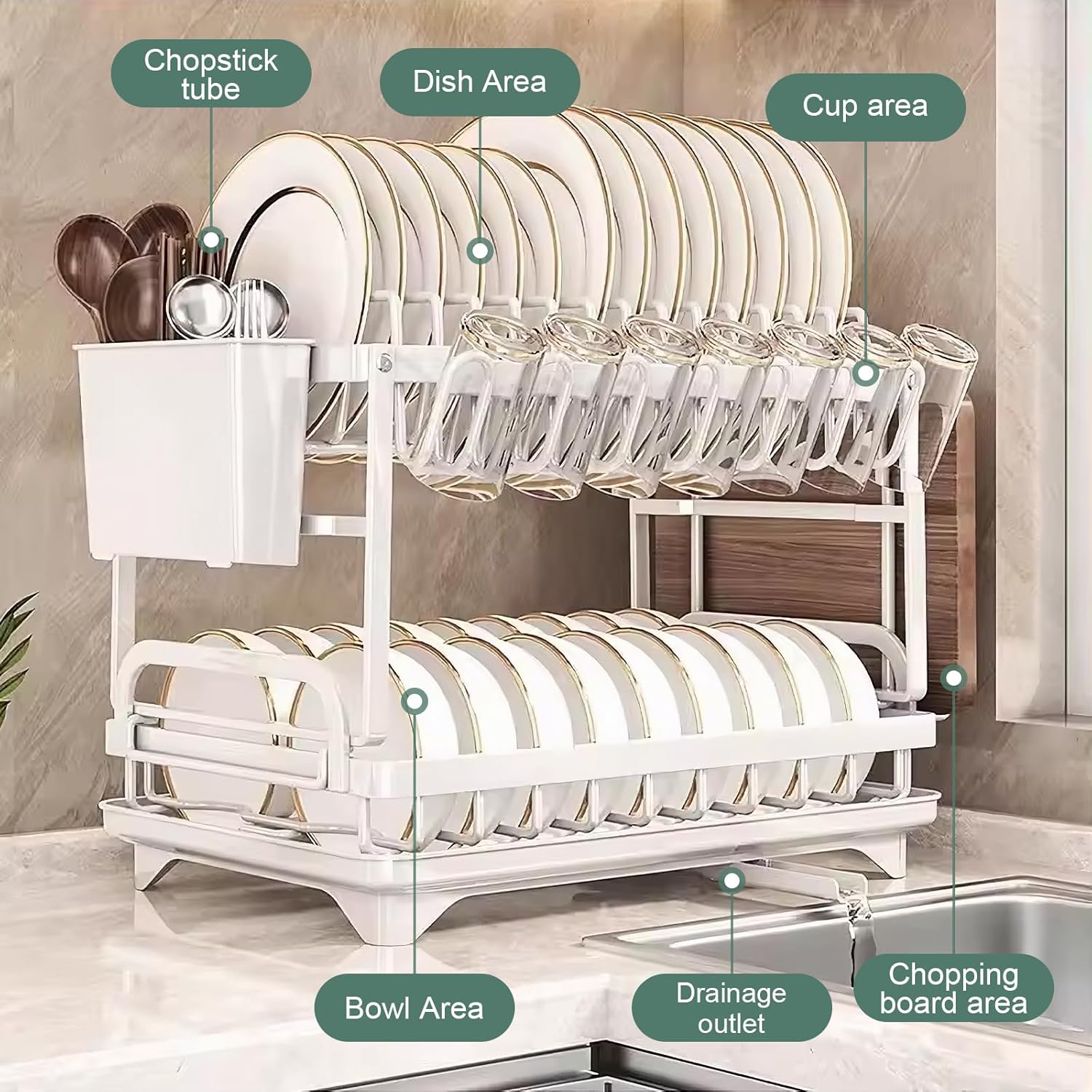 V178-36160-202507301355-02 CARLA HOME 2-Tier Dish Drying Rack with Drainage Tray, Utensil Holder, Cup Hooks & Cutting Board Slot for Countertop Kitchen Storage (White) - Image 3