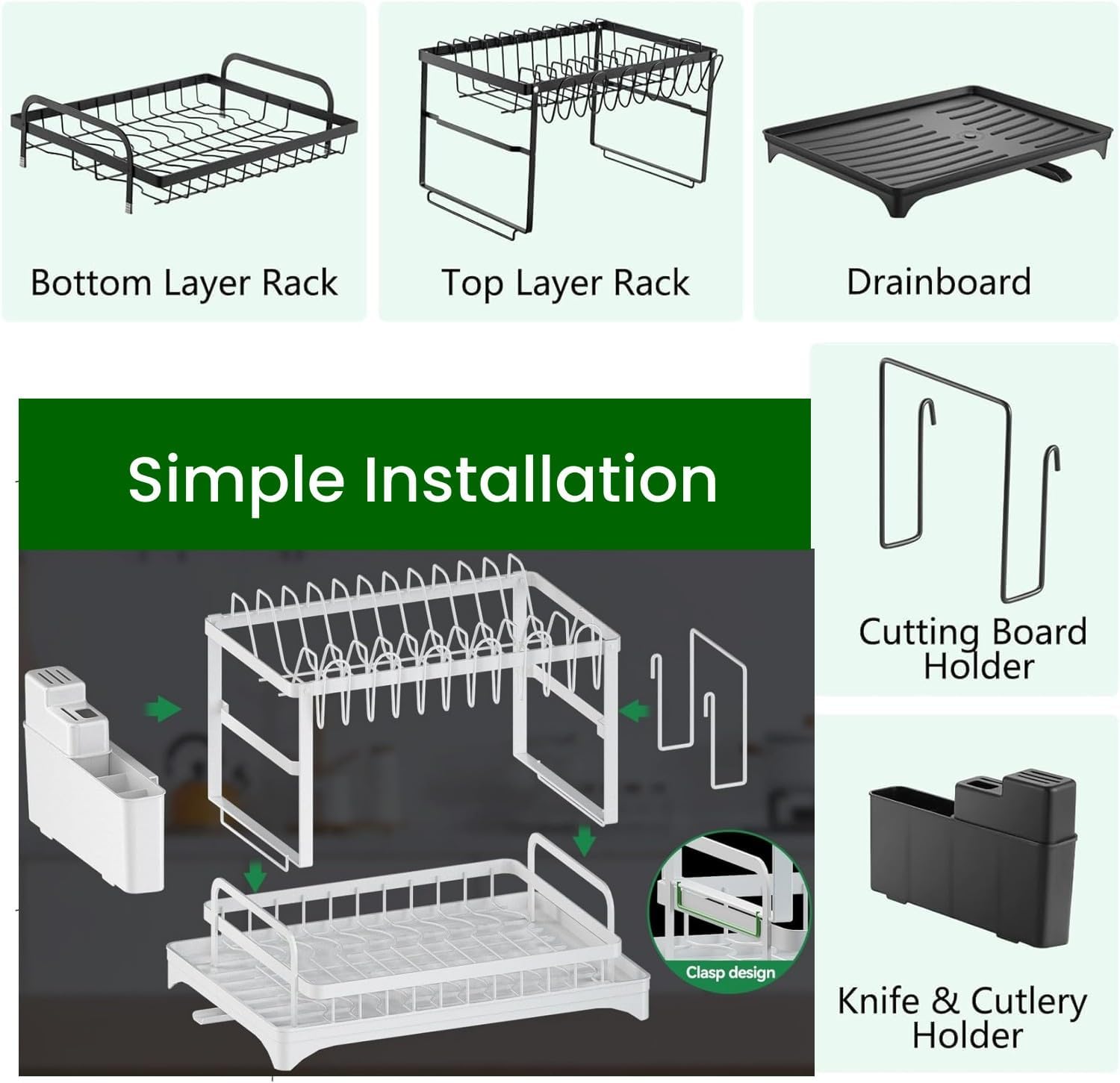V178-36160-202507301355-07 CARLA HOME 2-Tier Dish Drying Rack with Drainage Tray, Utensil Holder, Cup Hooks & Cutting Board Slot for Countertop Kitchen Storage (White) - Image 8