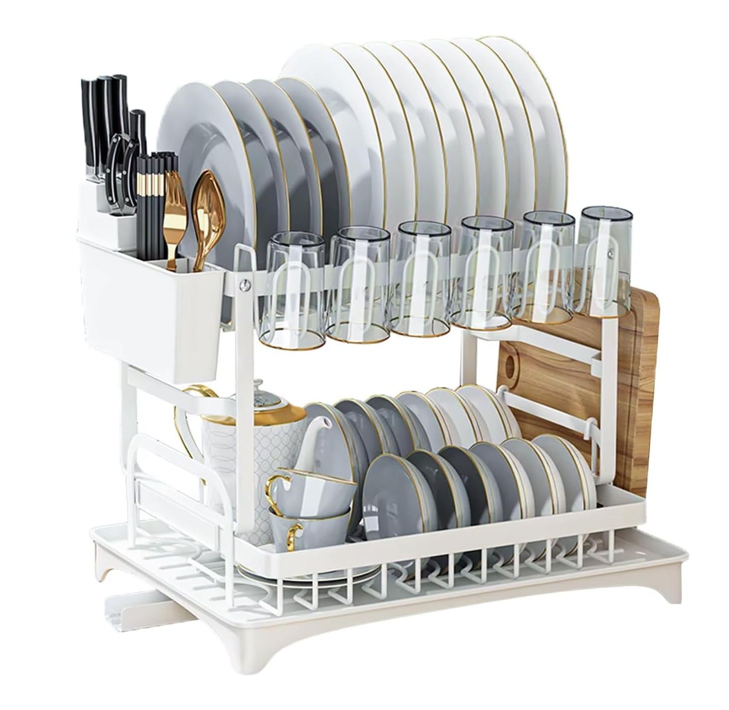V178-36160-202507301355-08 CARLA HOME 2-Tier Dish Drying Rack with Drainage Tray, Utensil Holder, Cup Hooks & Cutting Board Slot for Countertop Kitchen Storage (White) - Image 9