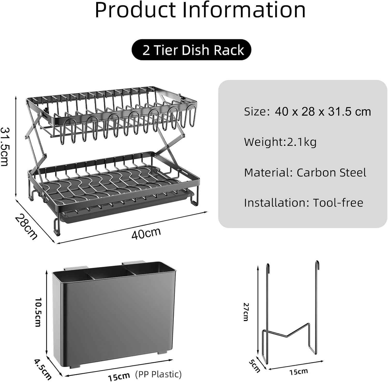 V178-36167-202507301354-01 CARLA HOME 2-Tier Dish Drying Rack with Drainage Tray, Utensil Holder, Cup Hooks & Cutting Board Rack for Kitchen (Black) - Image 2