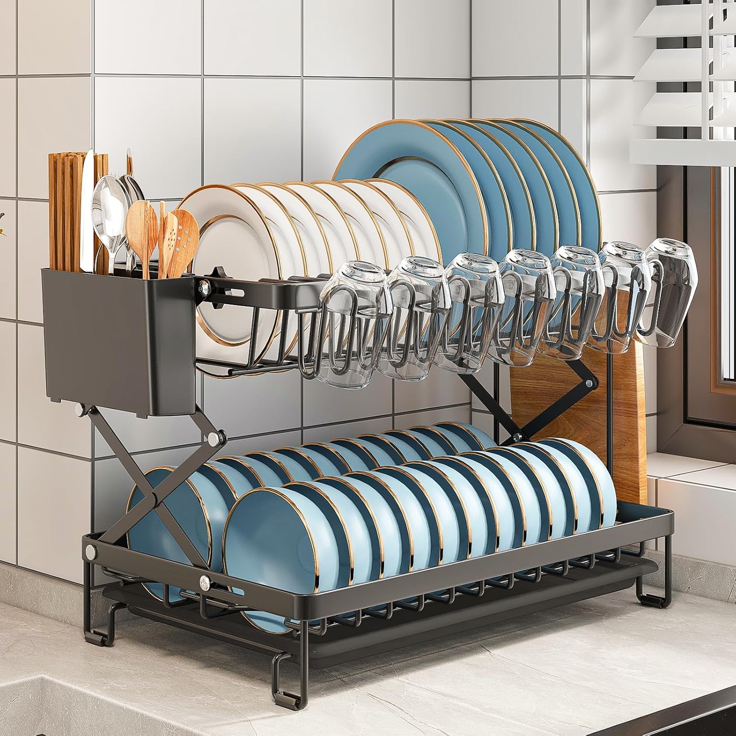 V178-36167-202507301354-02 CARLA HOME 2-Tier Dish Drying Rack with Drainage Tray, Utensil Holder, Cup Hooks & Cutting Board Rack for Kitchen (Black) - Image 3