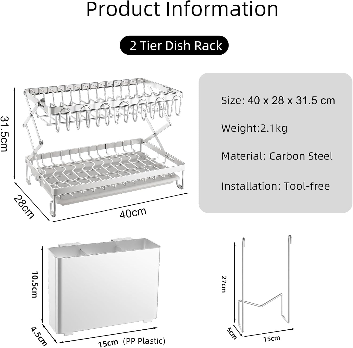 V178-36168-202507301354-01 CARLA HOME 2-Tier Dish Drying Rack with Drainage Tray, Utensil Holder, Cup Hooks & Cutting Board Rack for Kitchen (White) - Image 2