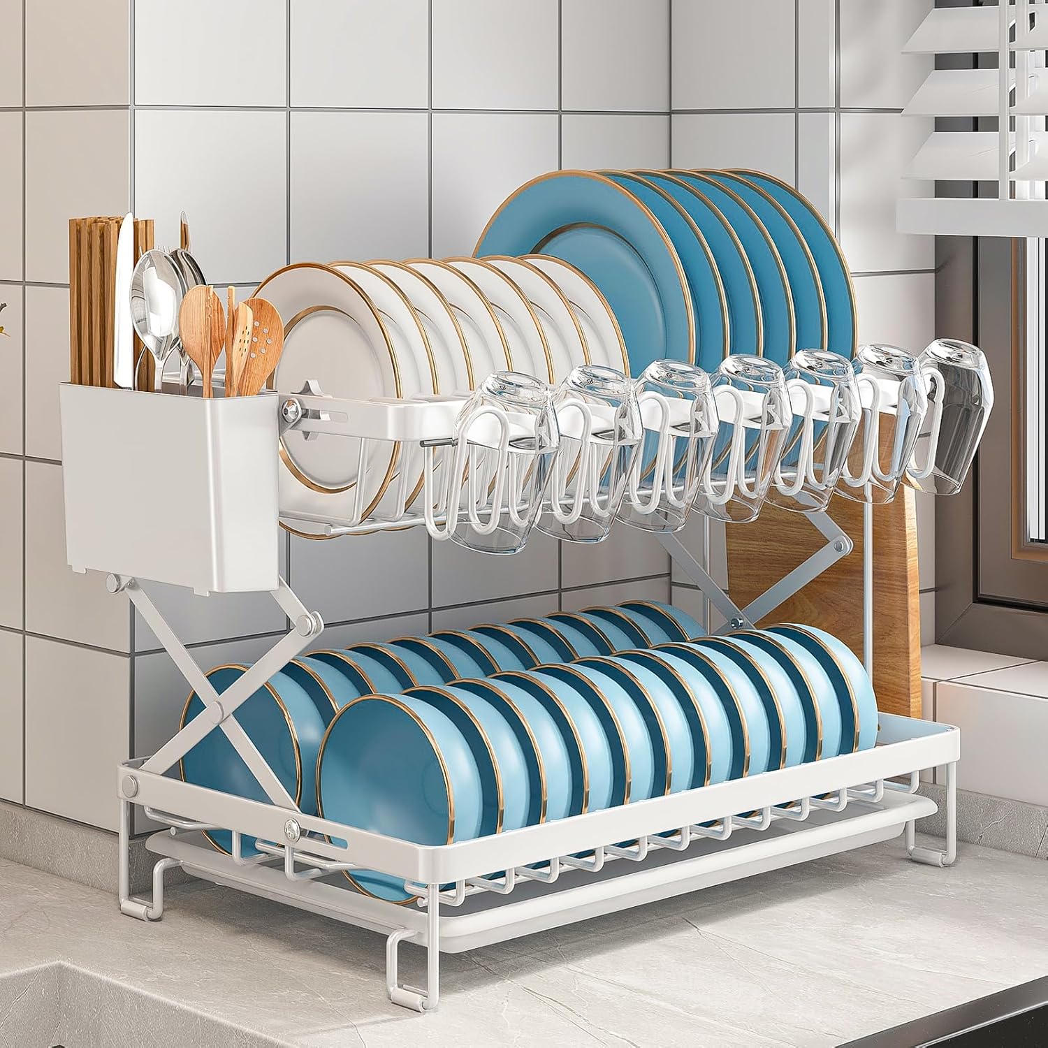 V178-36168-202507301354-02 CARLA HOME 2-Tier Dish Drying Rack with Drainage Tray, Utensil Holder, Cup Hooks & Cutting Board Rack for Kitchen (White) - Image 3