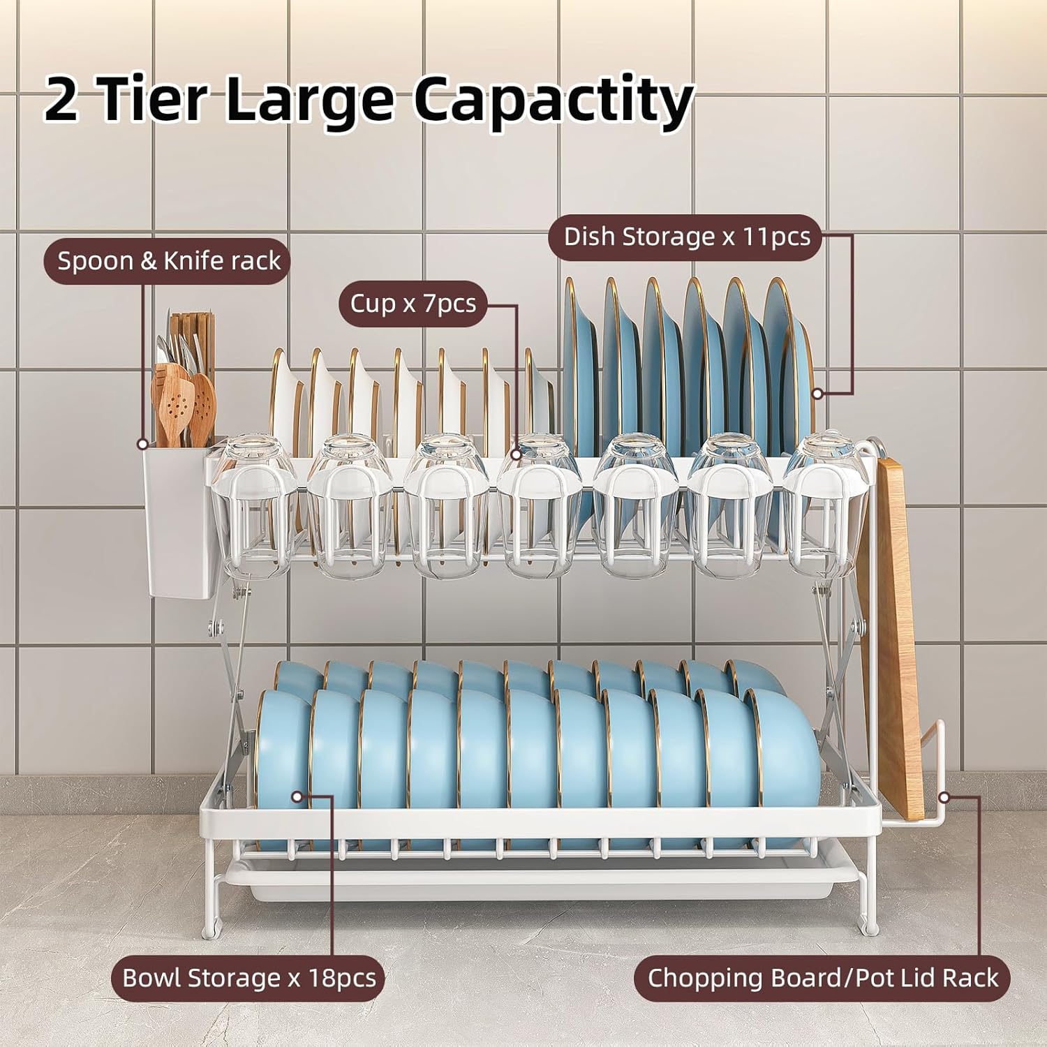 V178-36168-202507301354-03 CARLA HOME 2-Tier Dish Drying Rack with Drainage Tray, Utensil Holder, Cup Hooks & Cutting Board Rack for Kitchen (White) - Image 4