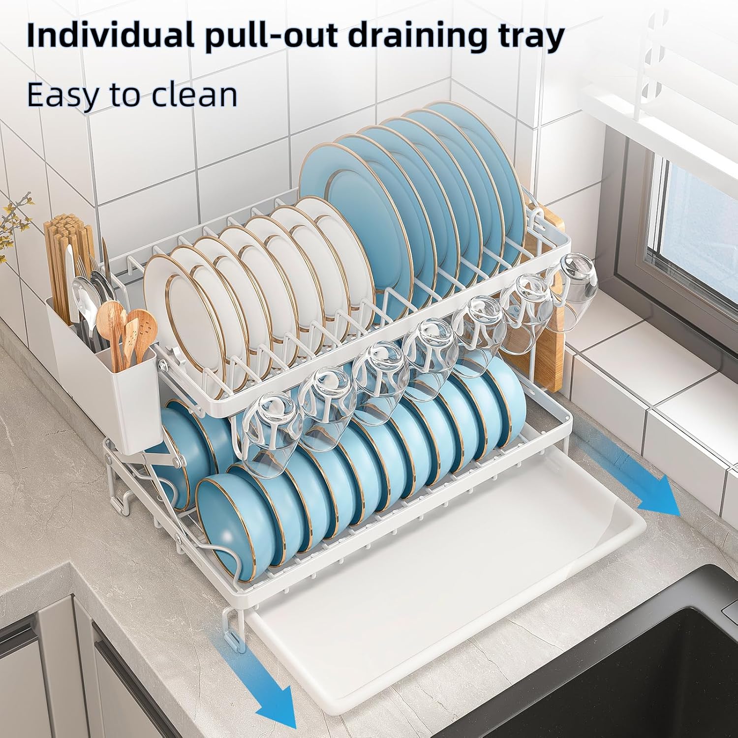 V178-36168-202507301354-04 CARLA HOME 2-Tier Dish Drying Rack with Drainage Tray, Utensil Holder, Cup Hooks & Cutting Board Rack for Kitchen (White) - Image 5