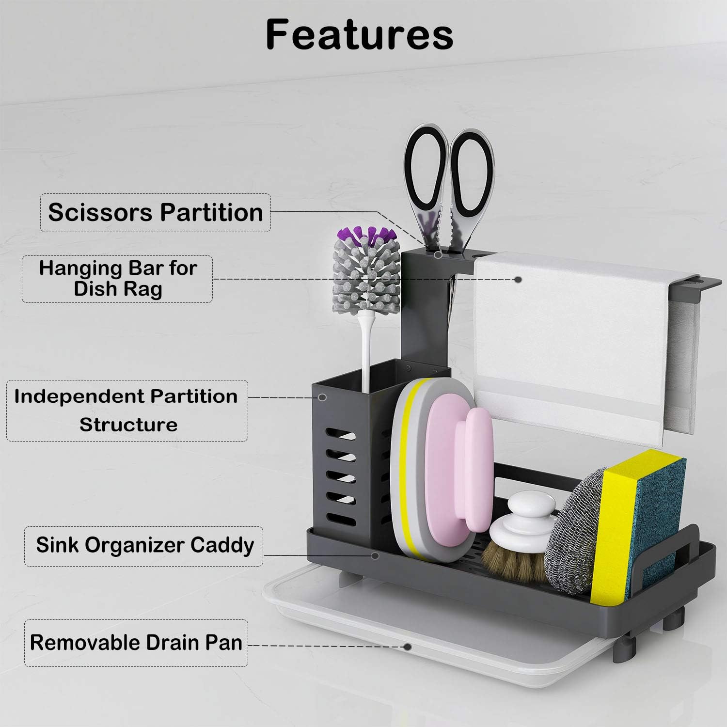 V178-36185-202507301353-03 CARLA HOME Kitchen Sink Caddy Organizer with Sponge, Soap & Brush Storage and Rag Rack, Drain Tray & Utensil Holder - Image 4