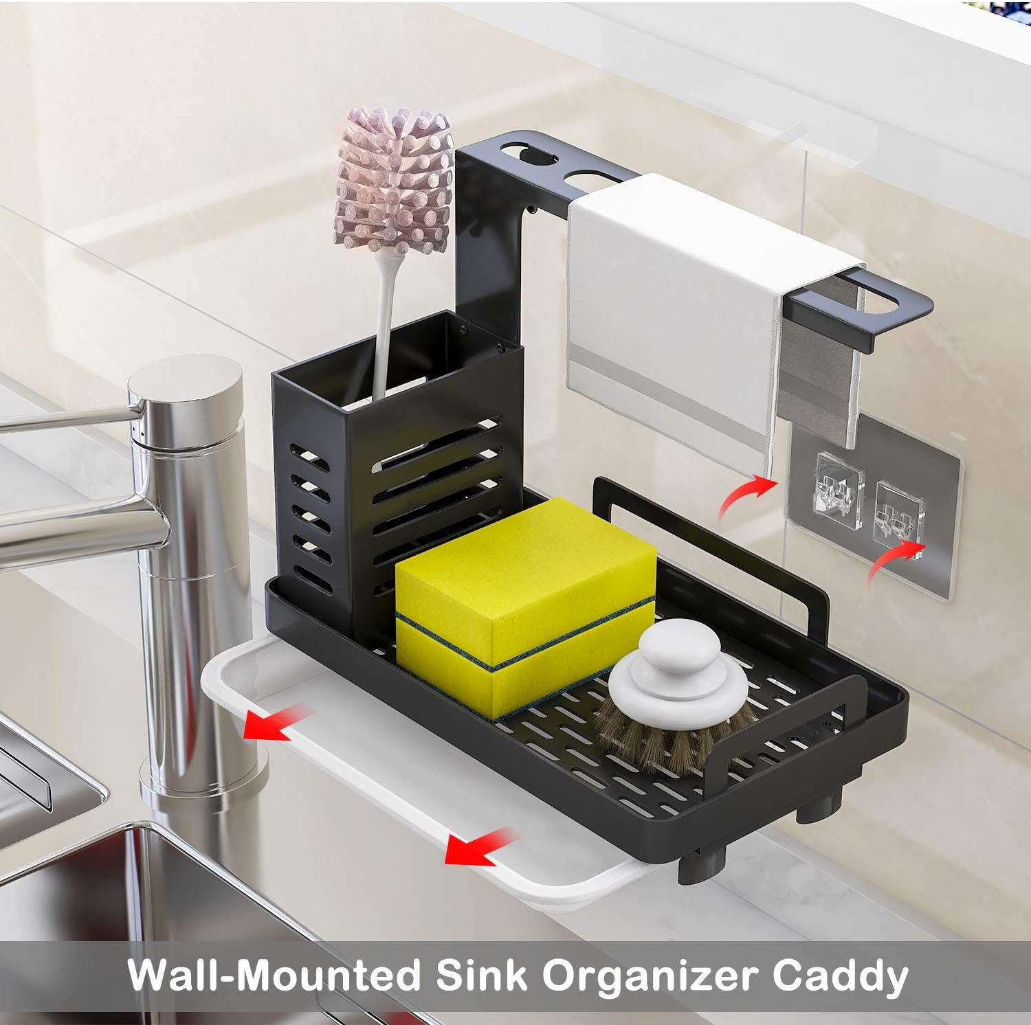 V178-36185-202507301353-04 CARLA HOME Kitchen Sink Caddy Organizer with Sponge, Soap & Brush Storage and Rag Rack, Drain Tray & Utensil Holder - Image 5