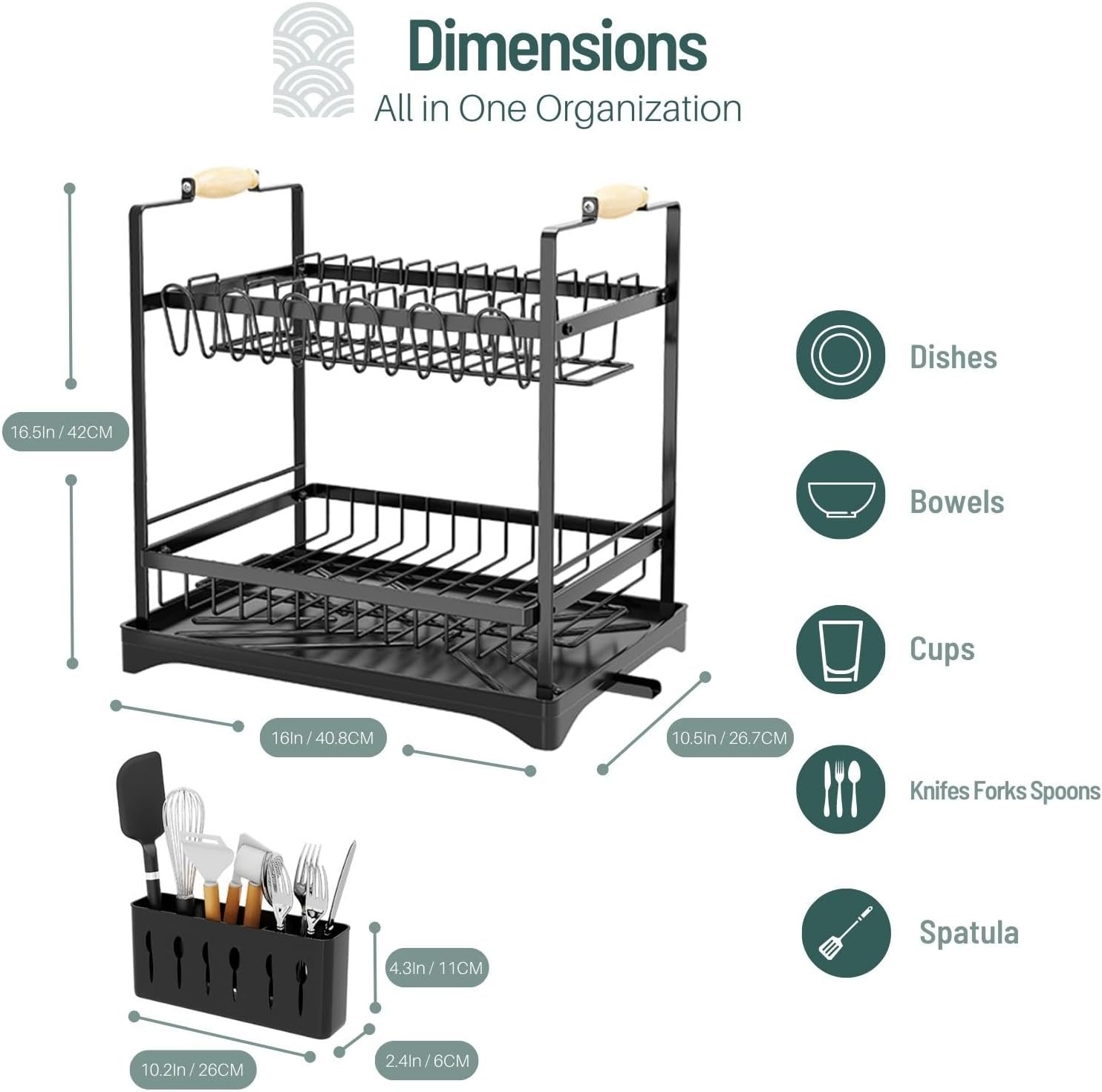 V178-36211-202507301345-01 CARLA HOME 2-Tier Large Dish Drying Rack with Drainboard, Utensil Holder, Glass Hooks & Cutlery Storage (Black) - Image 2