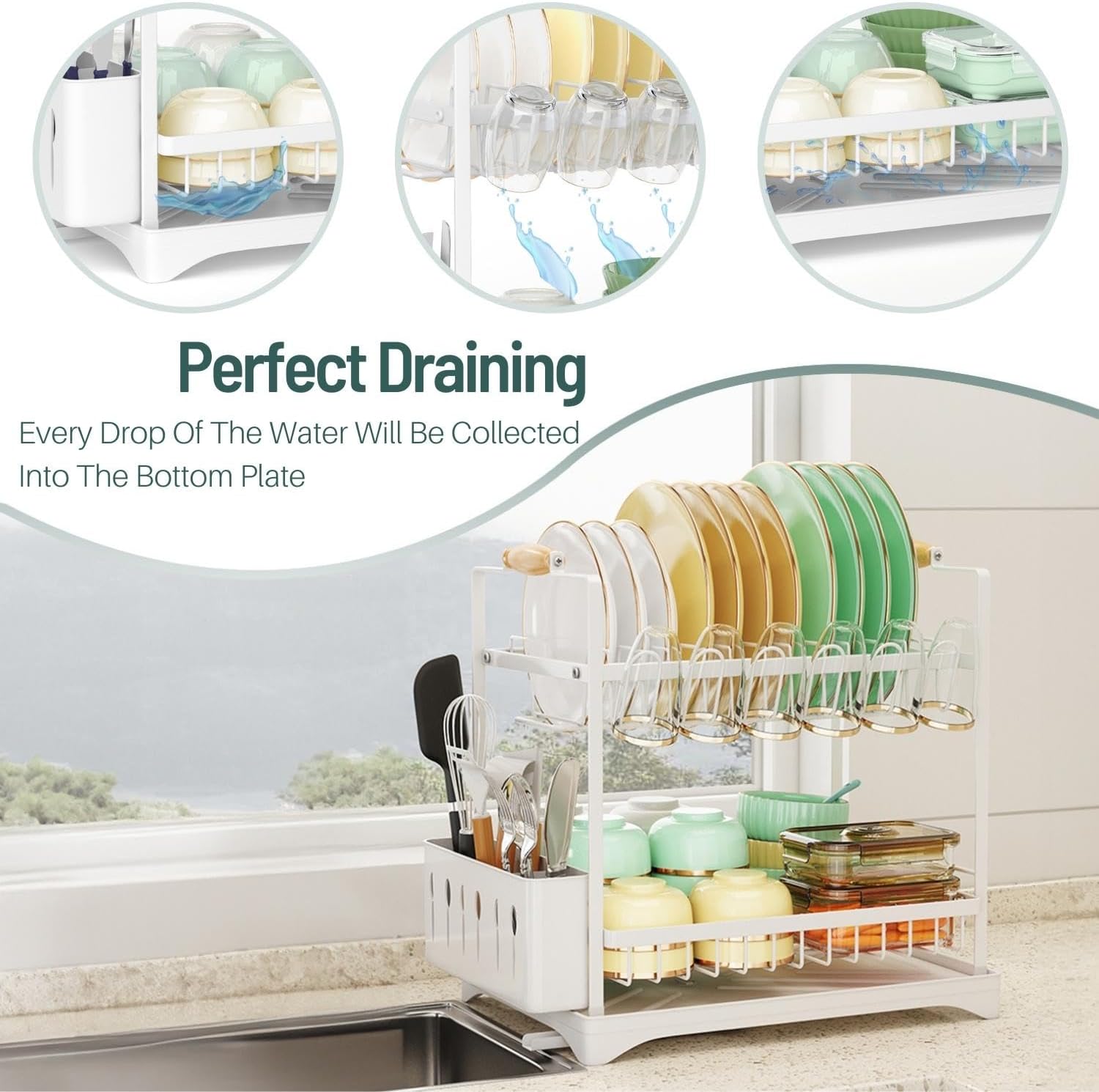 V178-36211-202507301345-04 CARLA HOME 2-Tier Large Dish Drying Rack with Drainboard, Utensil Holder, Glass Hooks & Cutlery Storage (Black) - Image 5