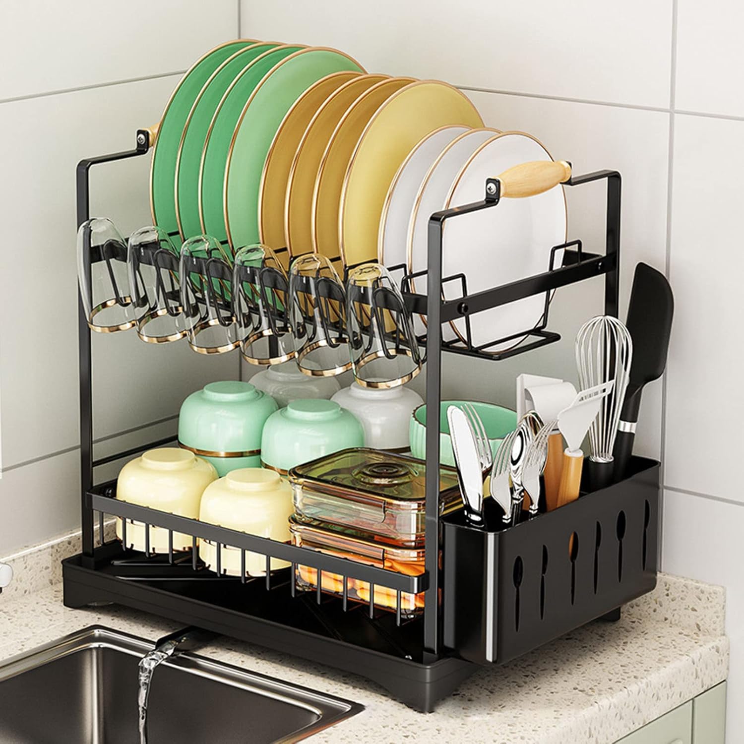 V178-36211-202507301345-07 CARLA HOME 2-Tier Large Dish Drying Rack with Drainboard, Utensil Holder, Glass Hooks & Cutlery Storage (Black) - Image 8