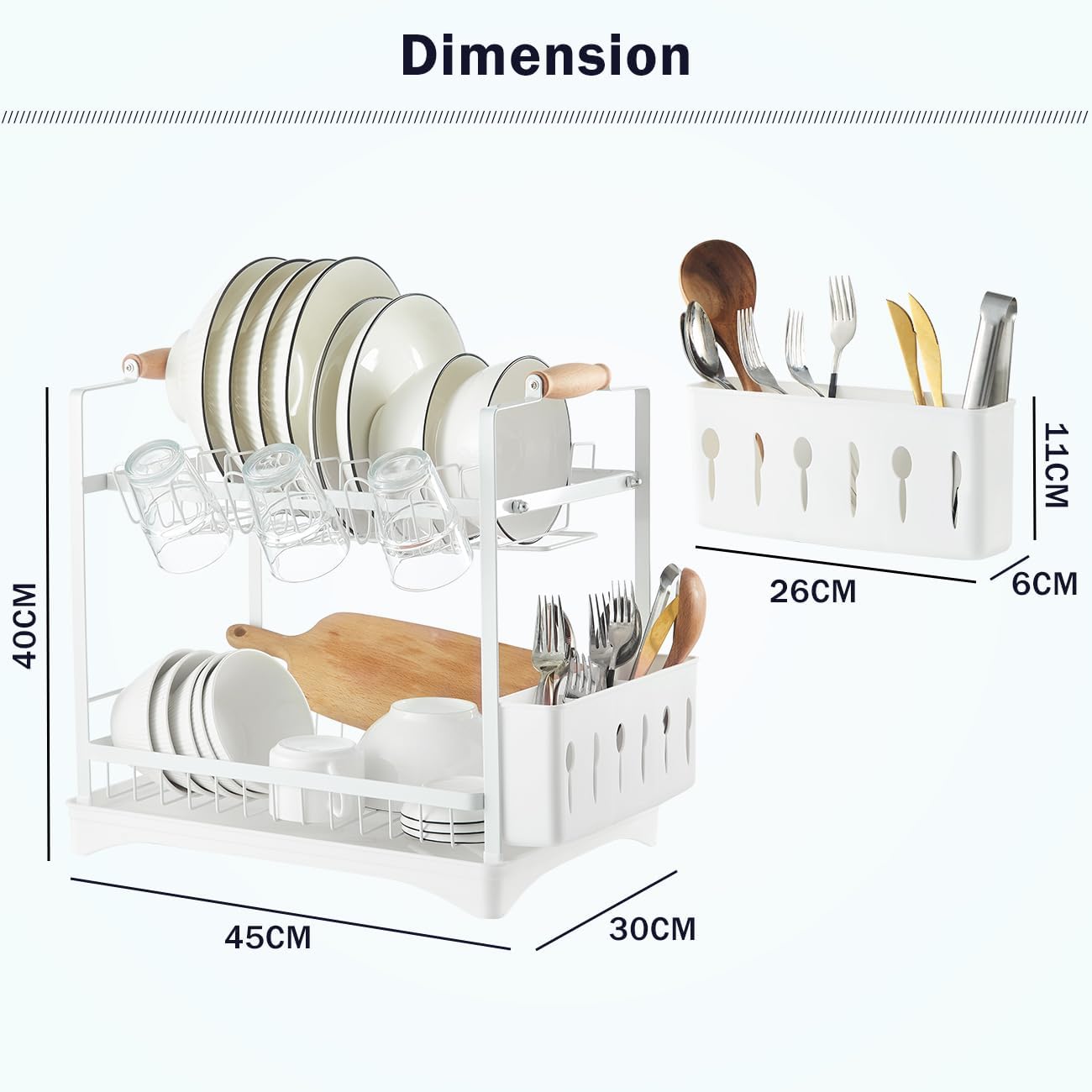 V178-36212-202507301345-02 CARLA HOME 2-Tier Large Dish Drying Rack with Drainboard, Utensil Holder, Glass Hooks & Cutlery Storage (White) - Image 3