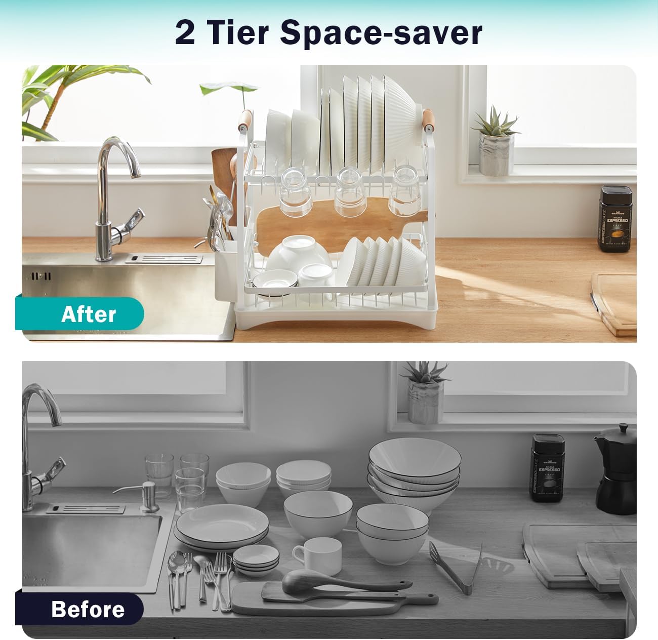 V178-36212-202507301345-03 CARLA HOME 2-Tier Large Dish Drying Rack with Drainboard, Utensil Holder, Glass Hooks & Cutlery Storage (White) - Image 4