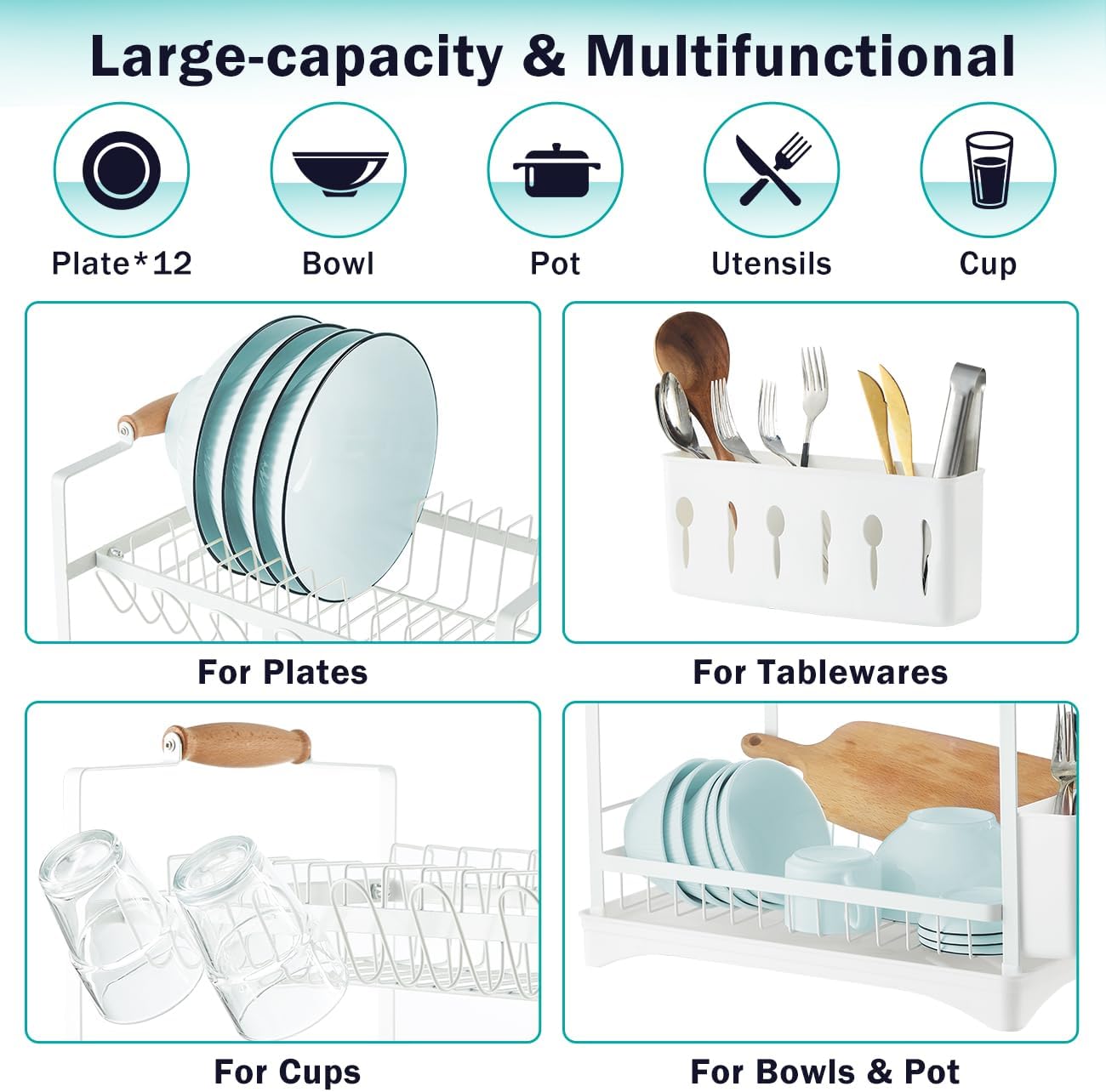 V178-36212-202507301345-05 CARLA HOME 2-Tier Large Dish Drying Rack with Drainboard, Utensil Holder, Glass Hooks & Cutlery Storage (White) - Image 6