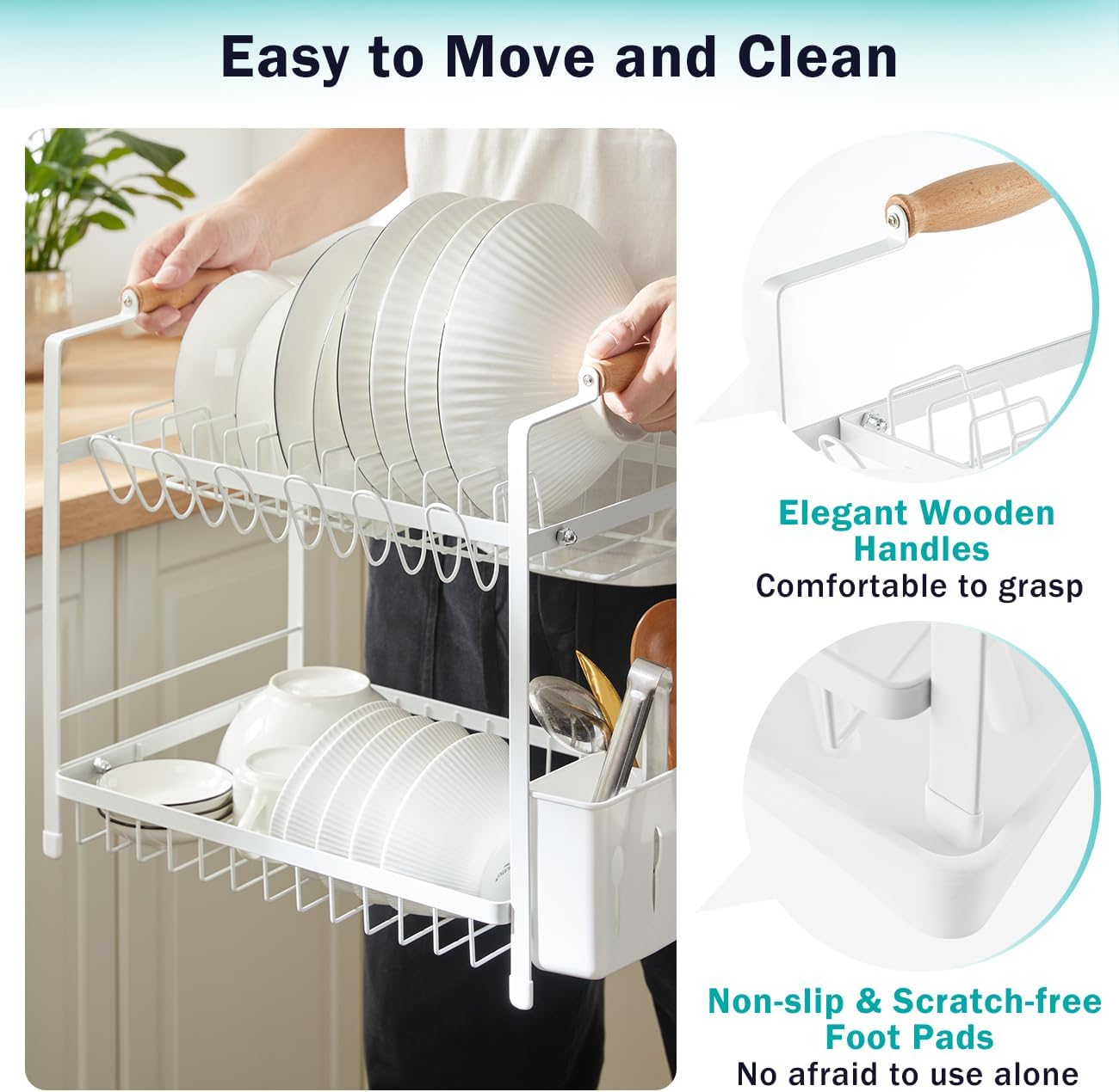 V178-36212-202507301345-07 CARLA HOME 2-Tier Large Dish Drying Rack with Drainboard, Utensil Holder, Glass Hooks & Cutlery Storage (White) - Image 8