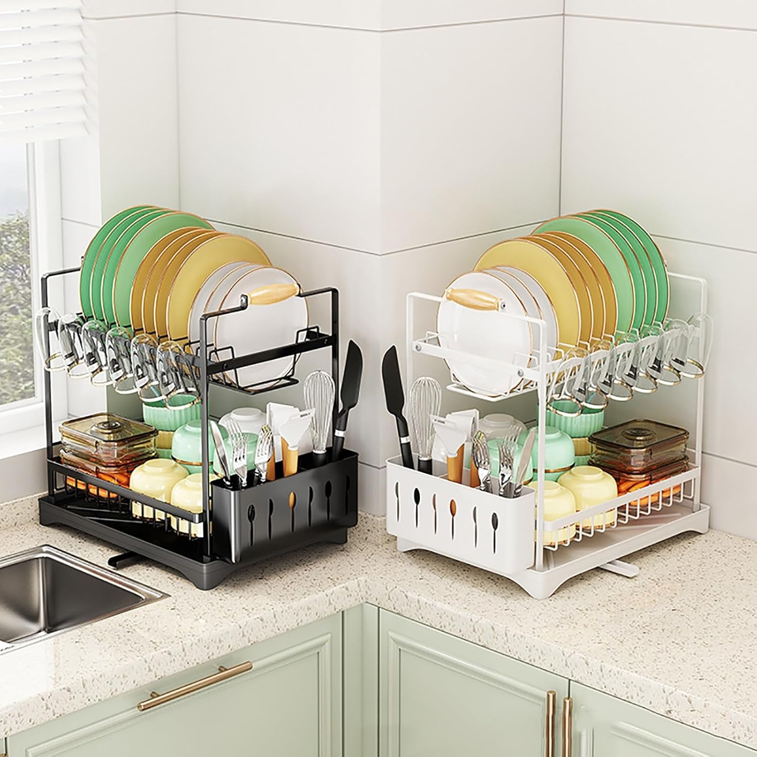 V178-36212-202507301345-09 CARLA HOME 2-Tier Large Dish Drying Rack with Drainboard, Utensil Holder, Glass Hooks & Cutlery Storage (White) - Image 10