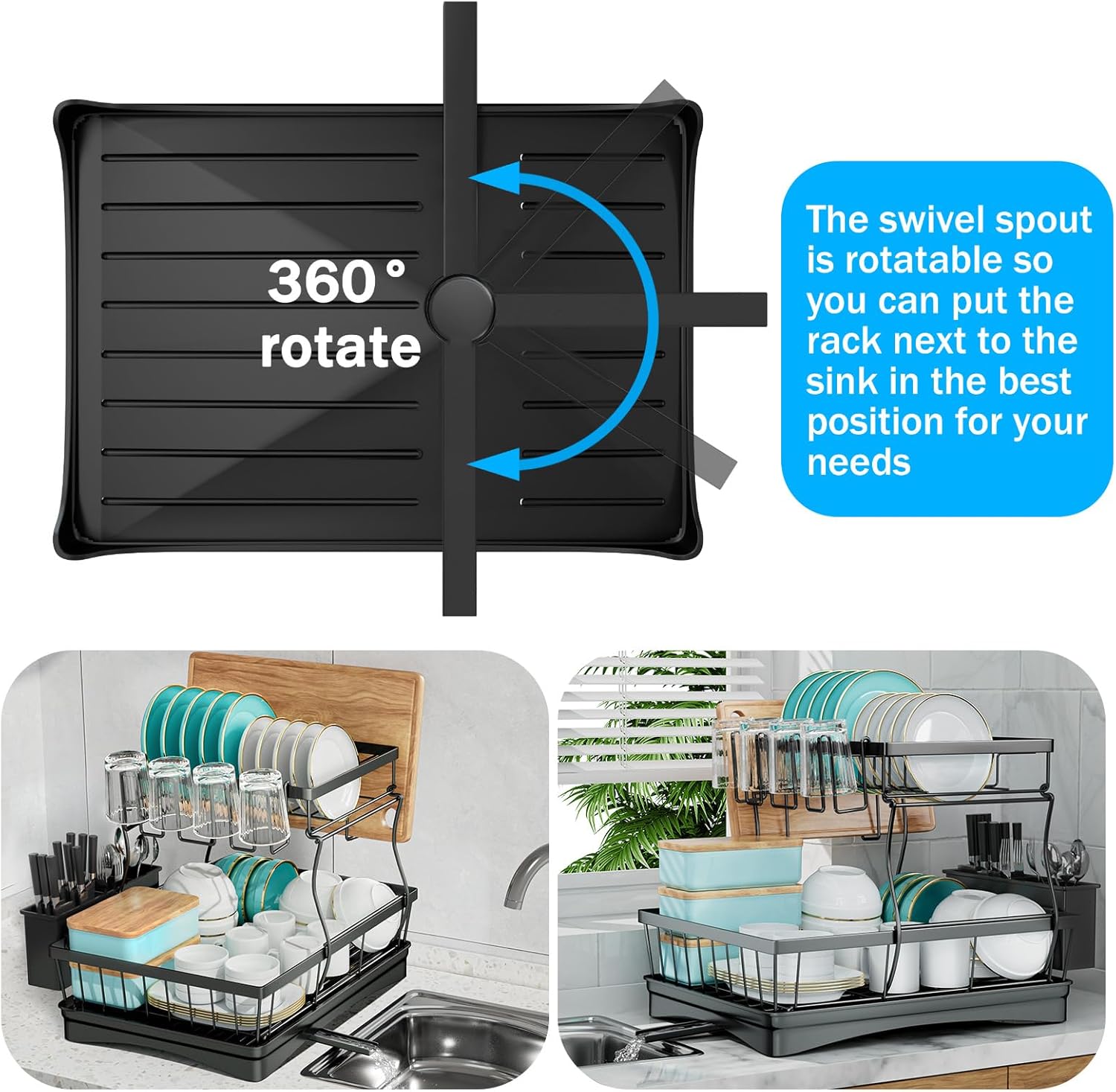 V178-36250-202507301410-01 CARLA HOME 2-Tier Dish Drying Rack for Kitchen Counter with Drainboard, Utensil Holder, Cup Rack & Cutlery Organizer - Image 2