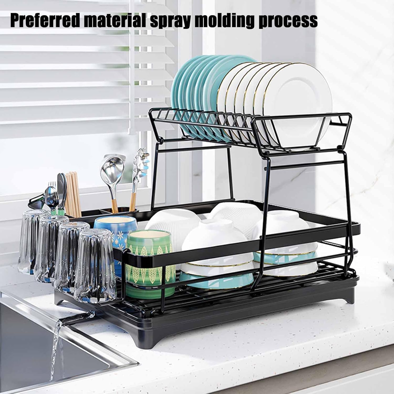 V178-36250-202507301410-02 CARLA HOME 2-Tier Dish Drying Rack for Kitchen Counter with Drainboard, Utensil Holder, Cup Rack & Cutlery Organizer - Image 3