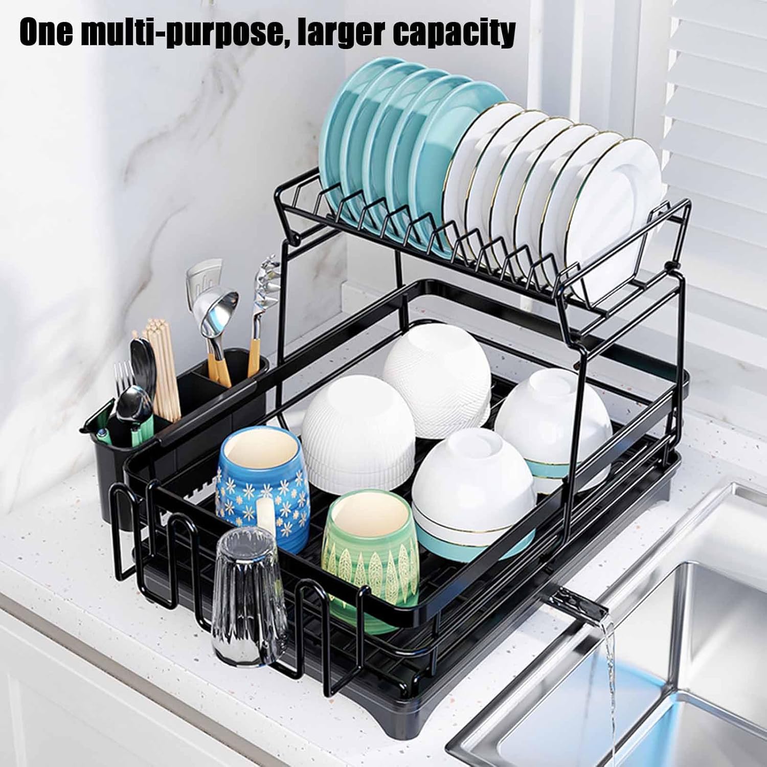 V178-36250-202507301410-03 CARLA HOME 2-Tier Dish Drying Rack for Kitchen Counter with Drainboard, Utensil Holder, Cup Rack & Cutlery Organizer - Image 4