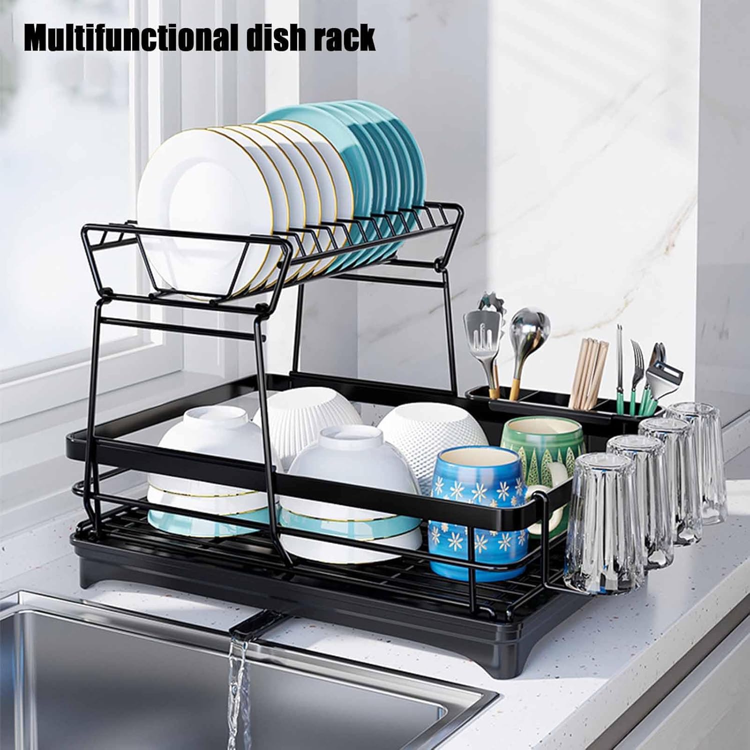 V178-36250-202507301410-04 CARLA HOME 2-Tier Dish Drying Rack for Kitchen Counter with Drainboard, Utensil Holder, Cup Rack & Cutlery Organizer - Image 5