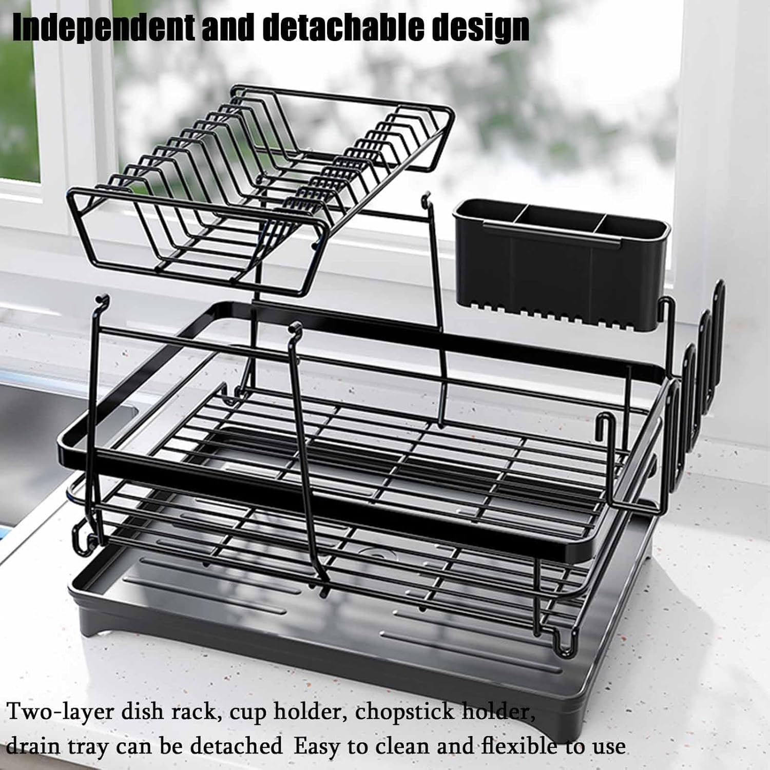 V178-36250-202507301410-05 CARLA HOME 2-Tier Dish Drying Rack for Kitchen Counter with Drainboard, Utensil Holder, Cup Rack & Cutlery Organizer - Image 6