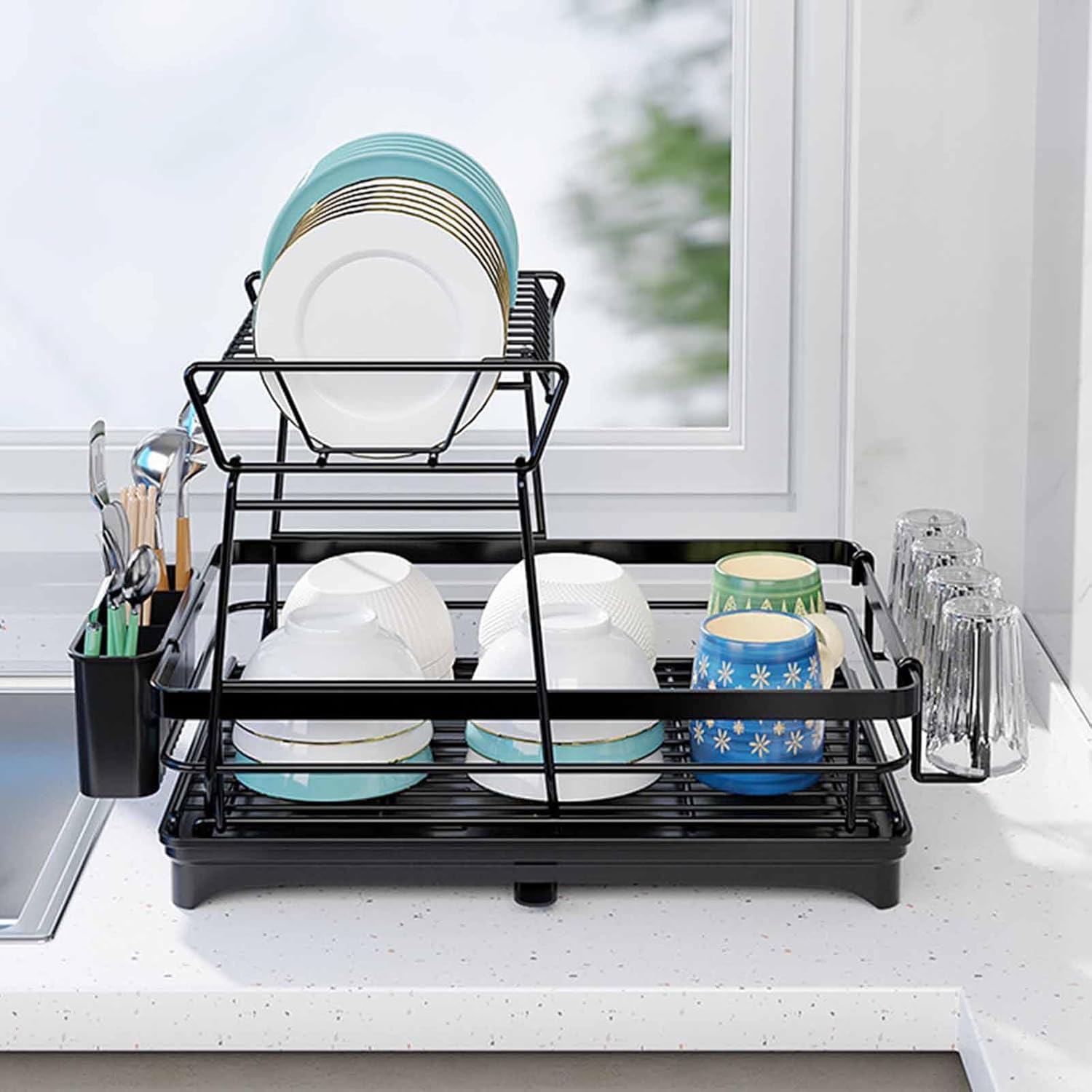 V178-36250-202507301410-06 CARLA HOME 2-Tier Dish Drying Rack for Kitchen Counter with Drainboard, Utensil Holder, Cup Rack & Cutlery Organizer - Image 7
