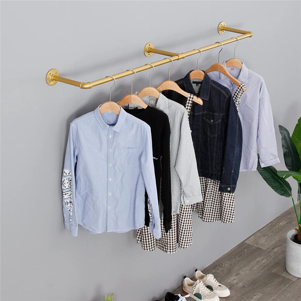 V178-66776-202508051020-08 Vintage Iron Clothes Rail Gold Wall Mounted Garment Rack - Image 9