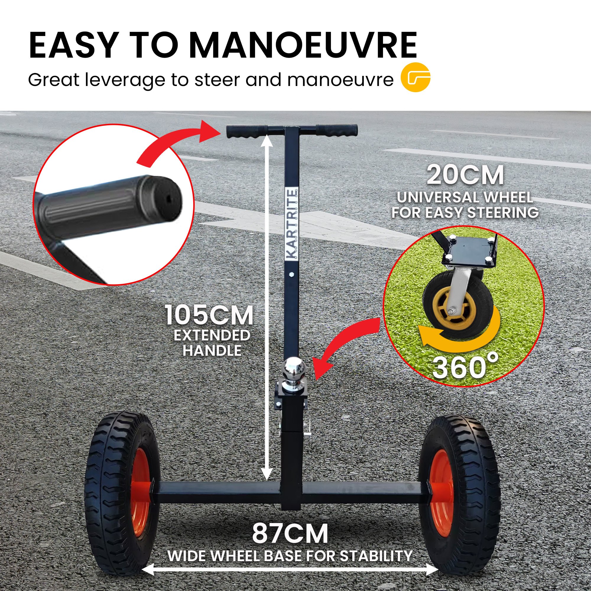 V240-ATD-TD77-BLK-202508190855-06 Kartrite 3-Wheel Adjustable Trailer Dolly Heavy Duty Caravan Mover 1000 lbs Tongue Capacity Durable Transport Solution - Image 7