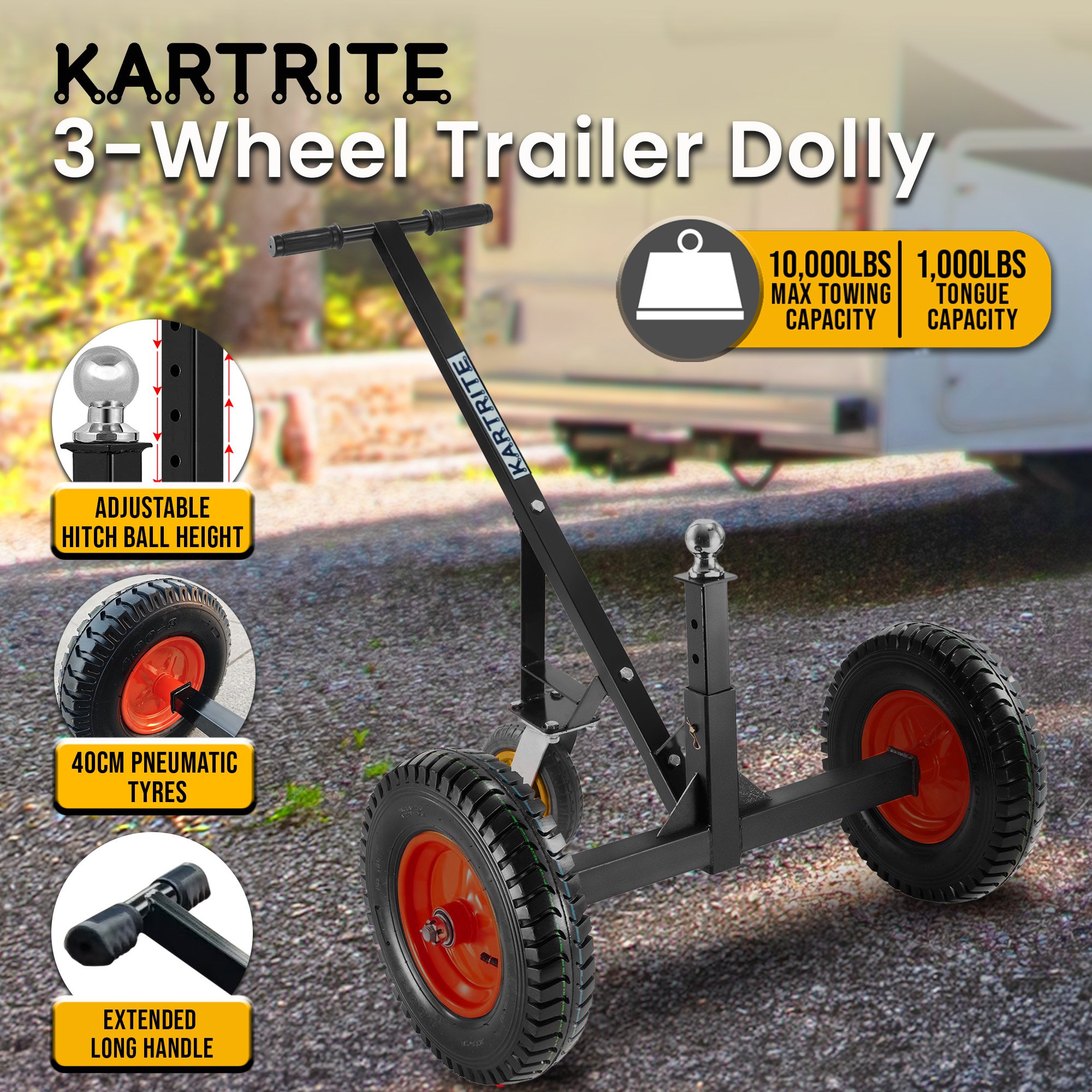 V240-ATD-TD77-BLK-202508190855-10 Kartrite 3-Wheel Adjustable Trailer Dolly Heavy Duty Caravan Mover 1000 lbs Tongue Capacity Durable Transport Solution - Image 11